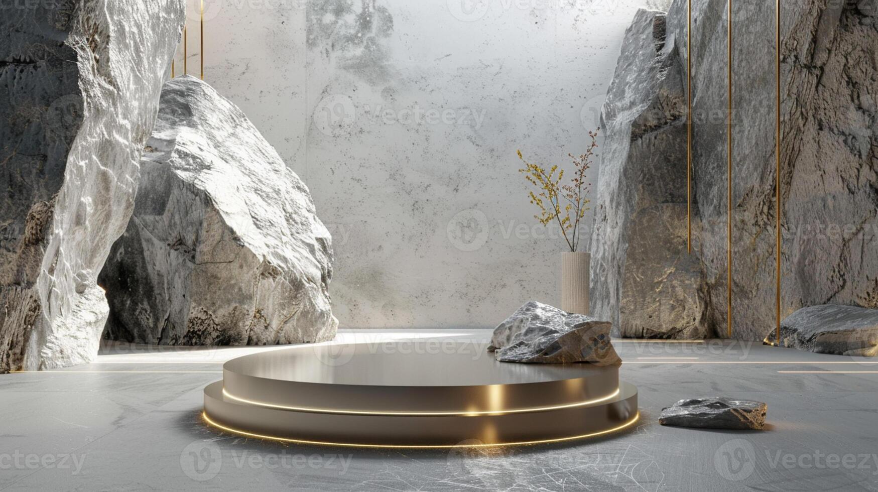 AI generated A white and gold of a nature marble platform surrounded by rocks. The background is geometric Stone and Rock shape, minimalist mockup for podium display showcase, studio room photo