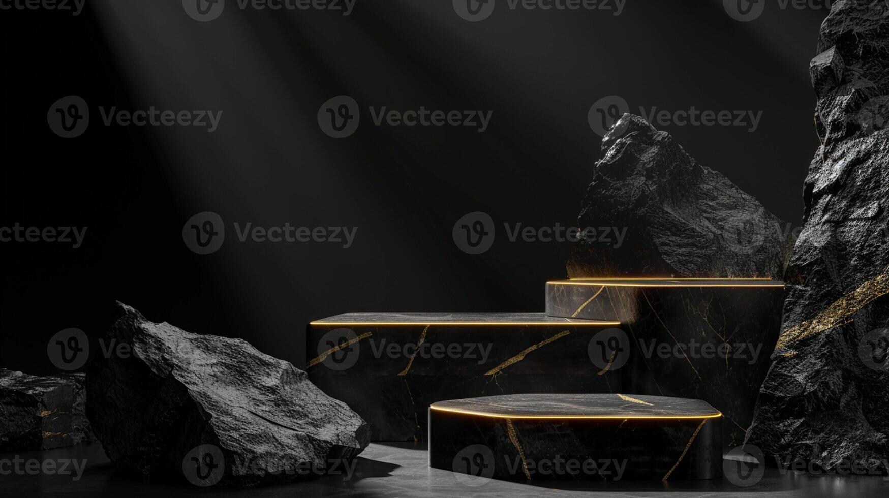 AI generated A black and gold of a nature marble platform surrounded by rocks. The background is geometric Stone and Rock shape, minimalist mockup for podium display showcase, studio room photo