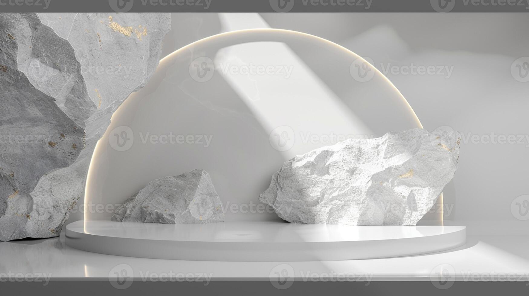 AI generated A white and gold of a nature marble platform surrounded by rocks. The background is geometric Stone and Rock shape, minimalist mockup for podium display showcase, studio room photo