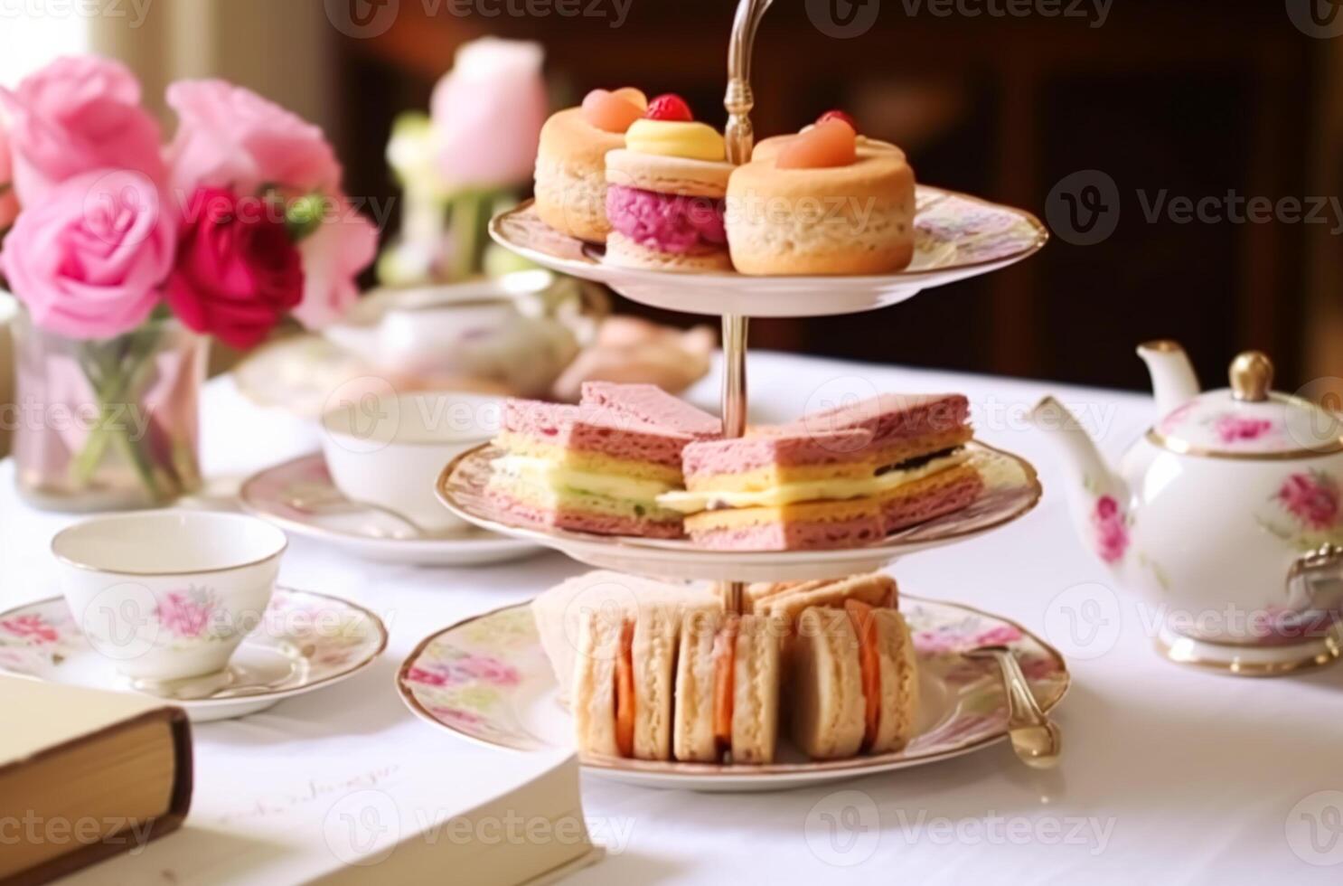 ai generado tarde té, Inglés tradicion y restaurante servicio, té tazas, pasteles, bollos, sándwiches y postres, fiesta mesa decoración y tarde té estar con rosado flores, generativo ai foto