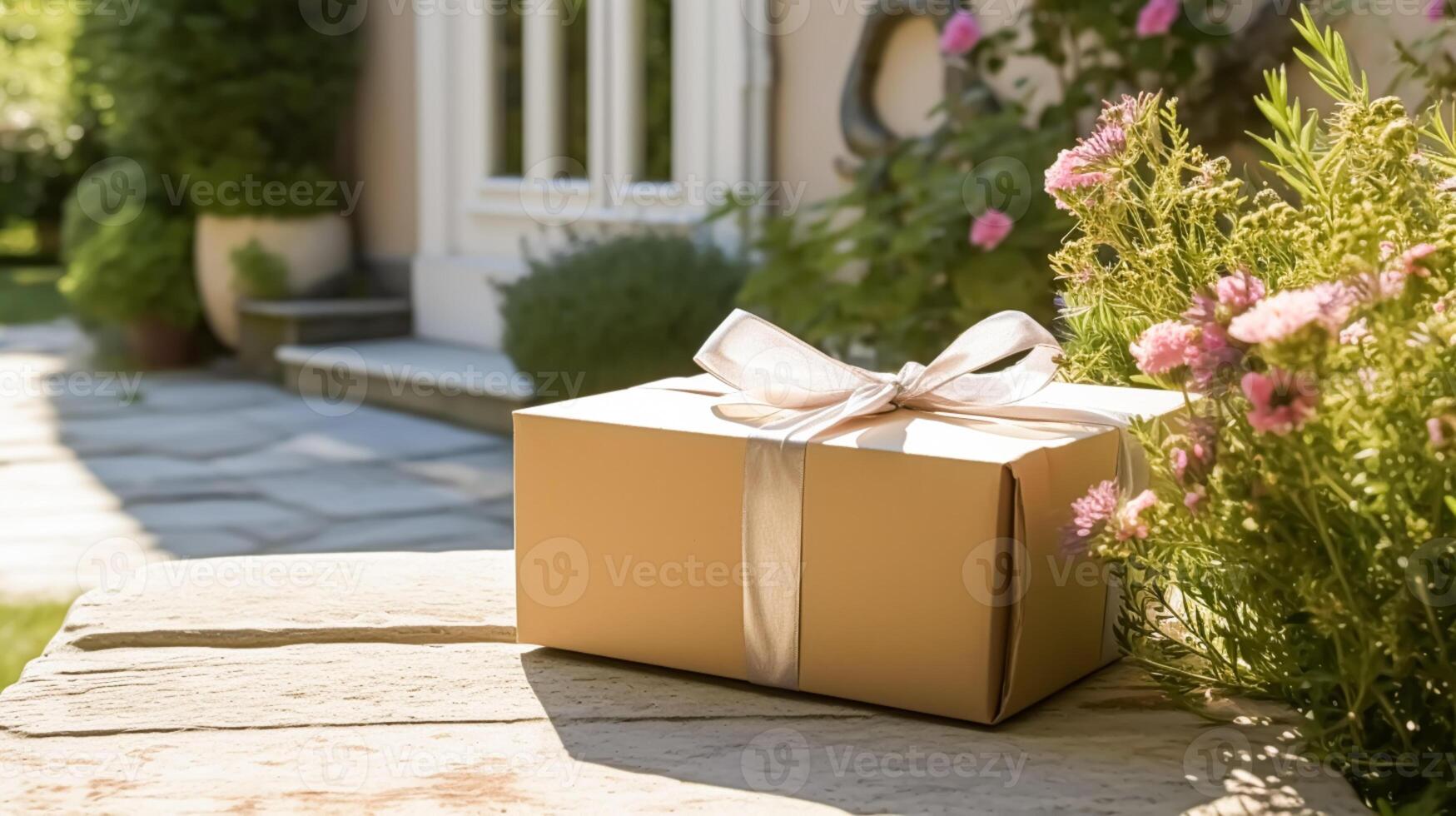 AI generated Elegant gift shop delivery, postal service and luxury online shopping, parcel box with a bow on a house doorstep in the countryside, generative ai photo