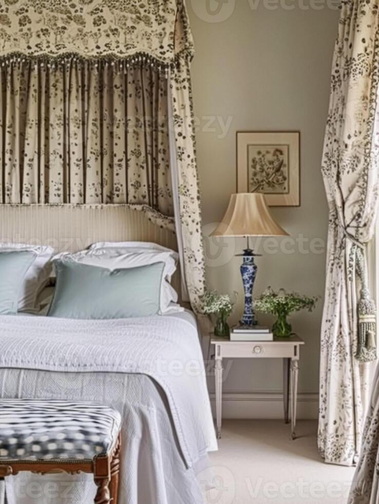 AI generated Elegantly appointed bedroom exudes vintage charm with its floral patterned drapery and bedding, complemented by classic furniture and a soft, inviting colour palette photo