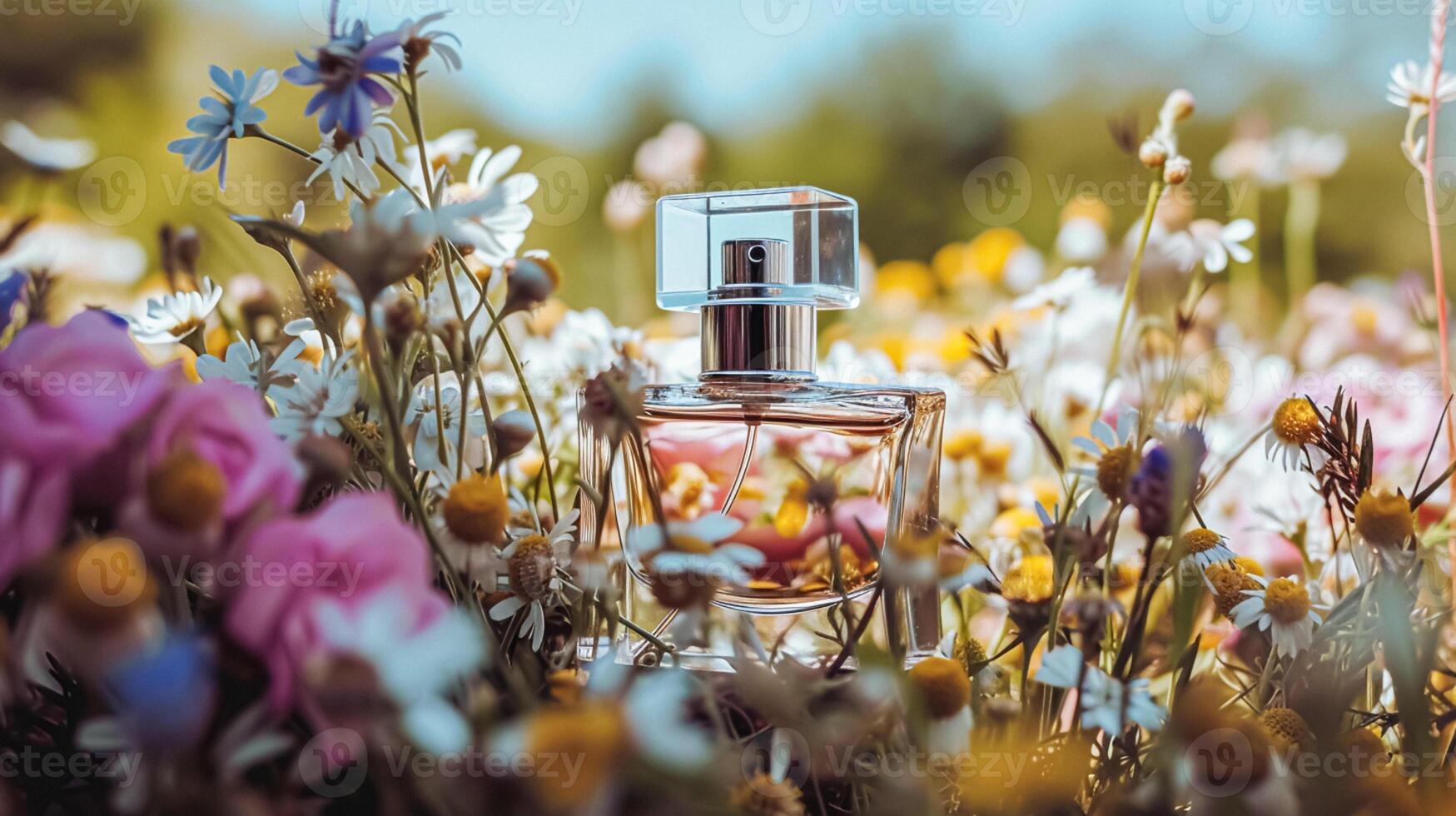 AI generated Perfume bottle in flowers, fragrance on blooming background, floral scent and cosmetic product photo