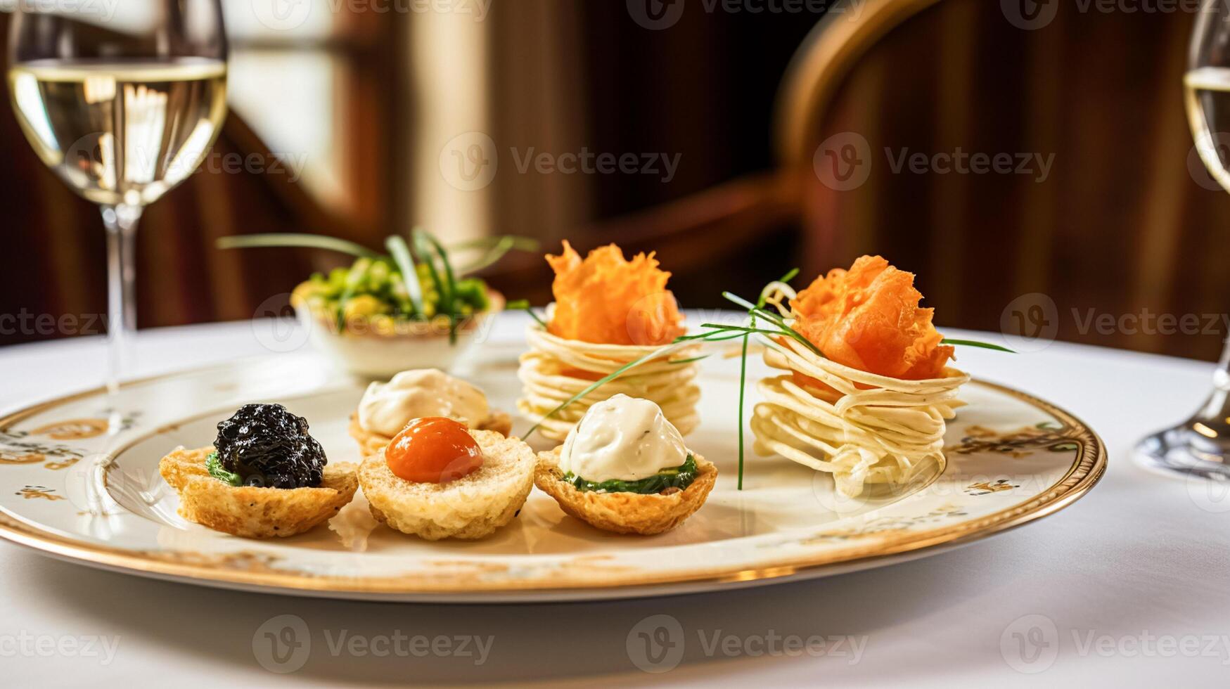 AI generated Food, hospitality and room service, starter appetisers with caviar as exquisite cuisine in hotel restaurant a la carte menu, culinary art and fine dining photo