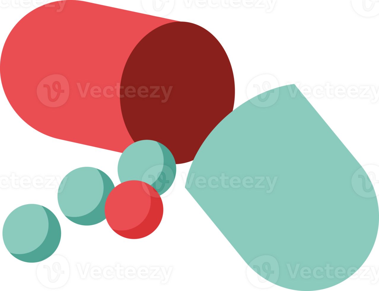 Flat colour illustration of an open capsule pill png