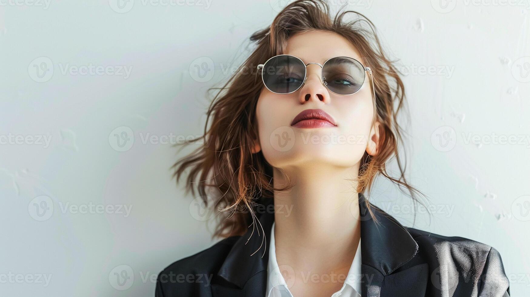ai generado sonriente mujer de negocios vistiendo lentes en un oficina retrato. negocio mujer frio mirando concepto. en blanco antecedentes. foto