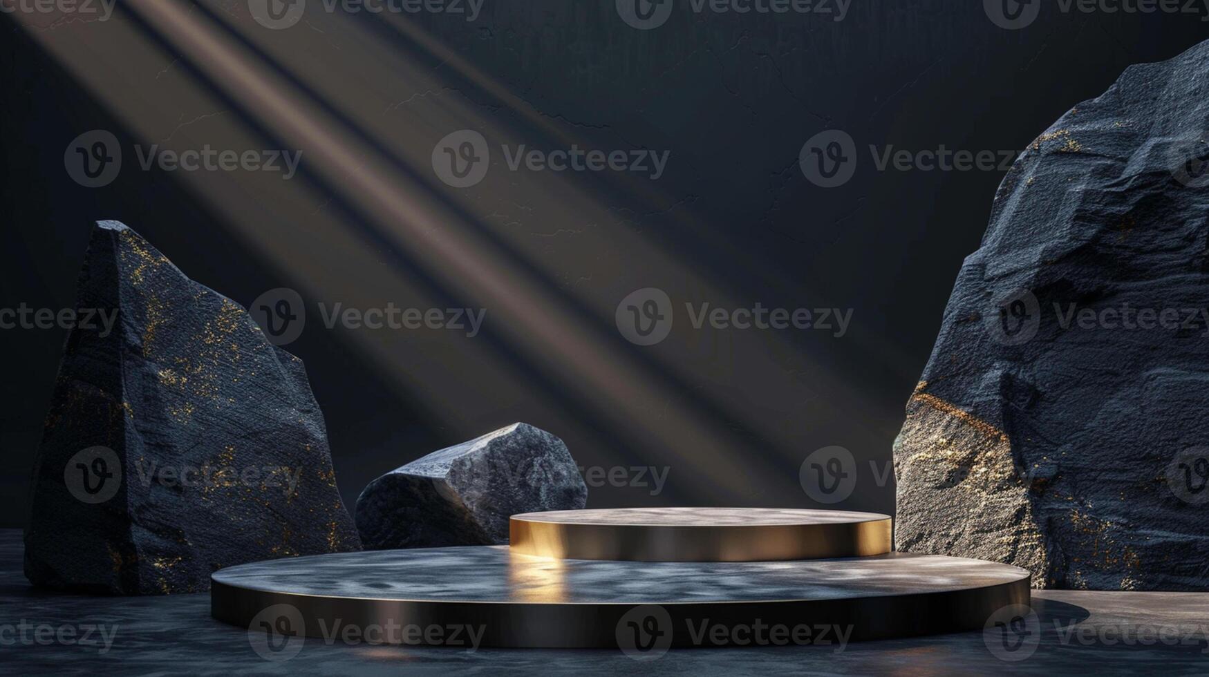 AI generated A black and gold of a nature marble platform surrounded by rocks. The background is geometric Stone and Rock shape, minimalist mockup for podium display showcase, studio room photo