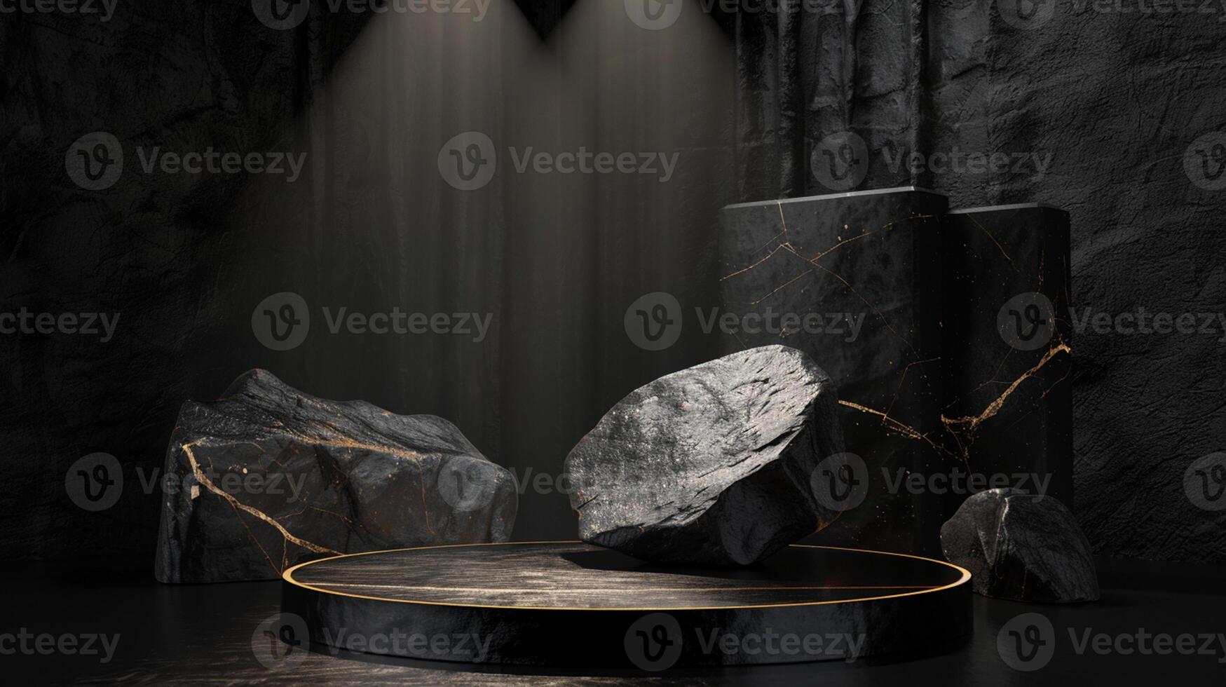 AI generated A black and gold of a nature marble platform surrounded by rocks. The background is geometric Stone and Rock shape, minimalist mockup for podium display showcase, studio room photo