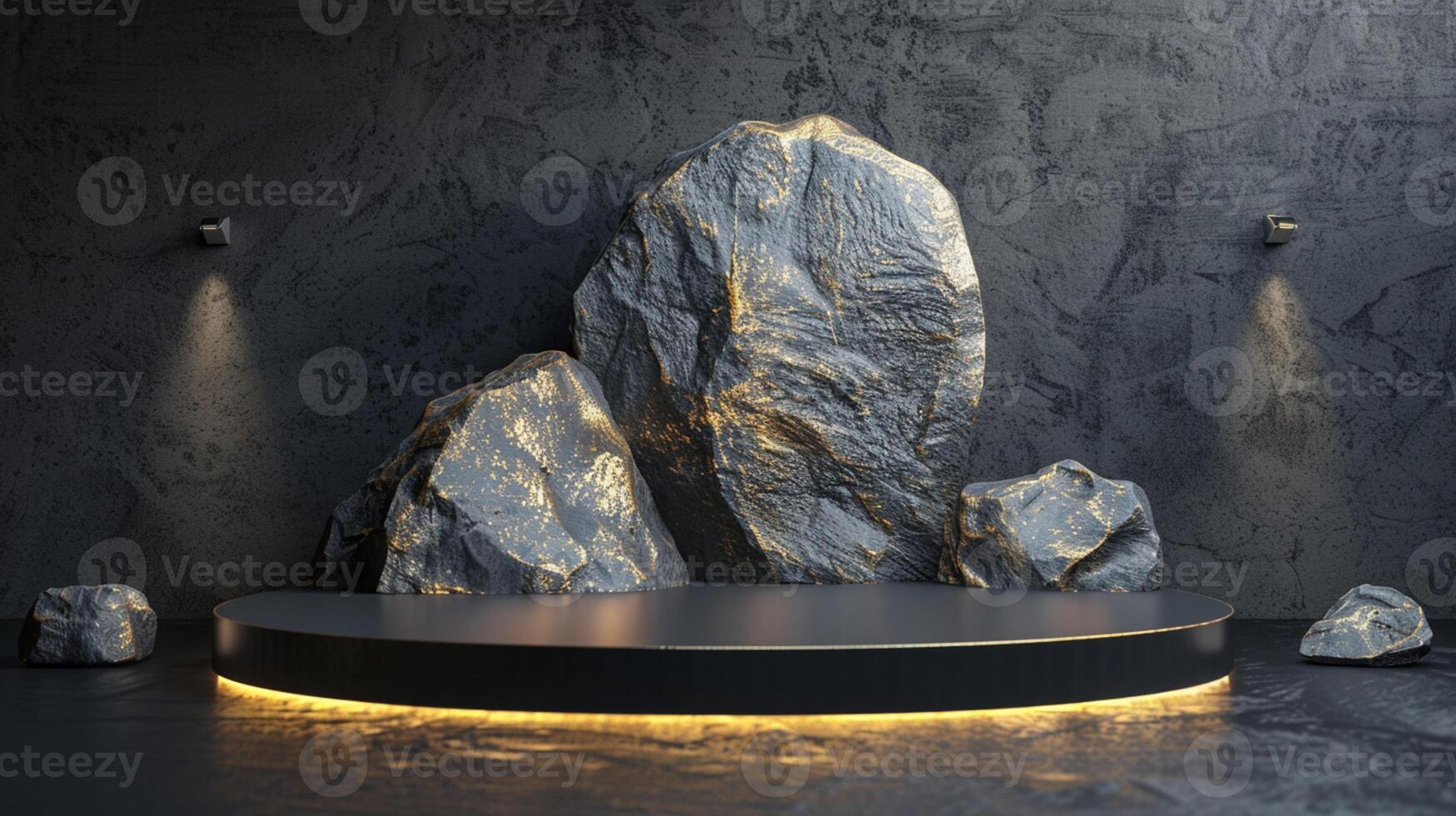 AI generated A black and gold of a nature marble platform surrounded by rocks. The background is geometric Stone and Rock shape, minimalist mockup for podium display showcase, studio room photo