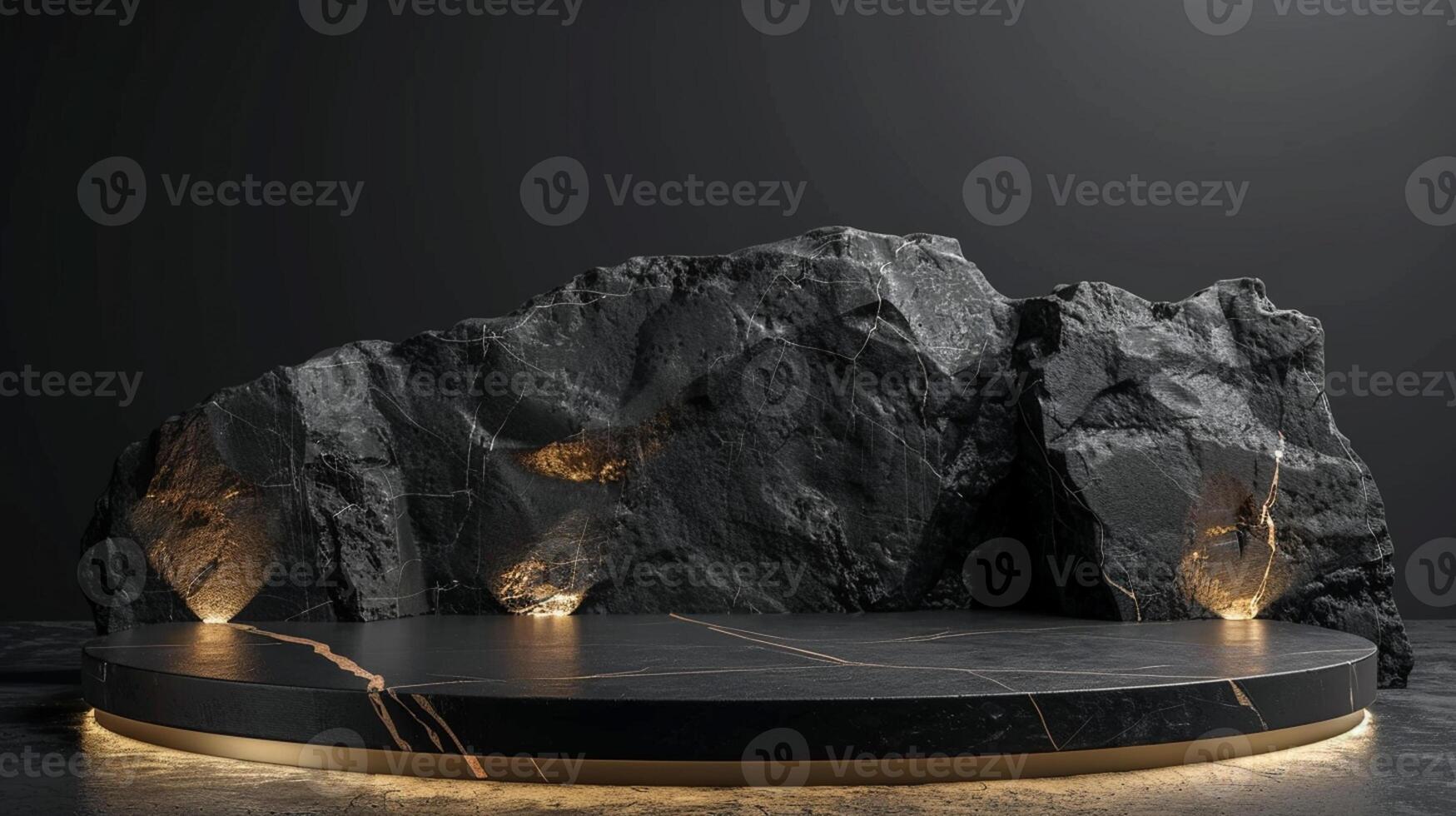 AI generated A black and gold of a nature marble platform surrounded by rocks. The background is geometric Stone and Rock shape, minimalist mockup for podium display showcase, studio room photo