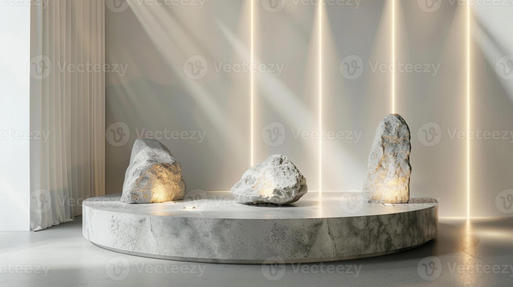 AI generated A white and gold of a nature marble platform surrounded by rocks. The background is geometric Stone and Rock shape, minimalist mockup for podium display showcase, studio room photo
