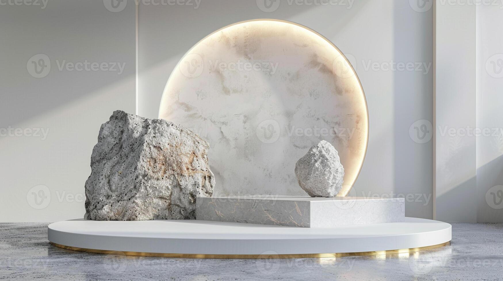AI generated A white and gold of a nature marble platform surrounded by rocks. The background is geometric Stone and Rock shape, minimalist mockup for podium display showcase, studio room photo
