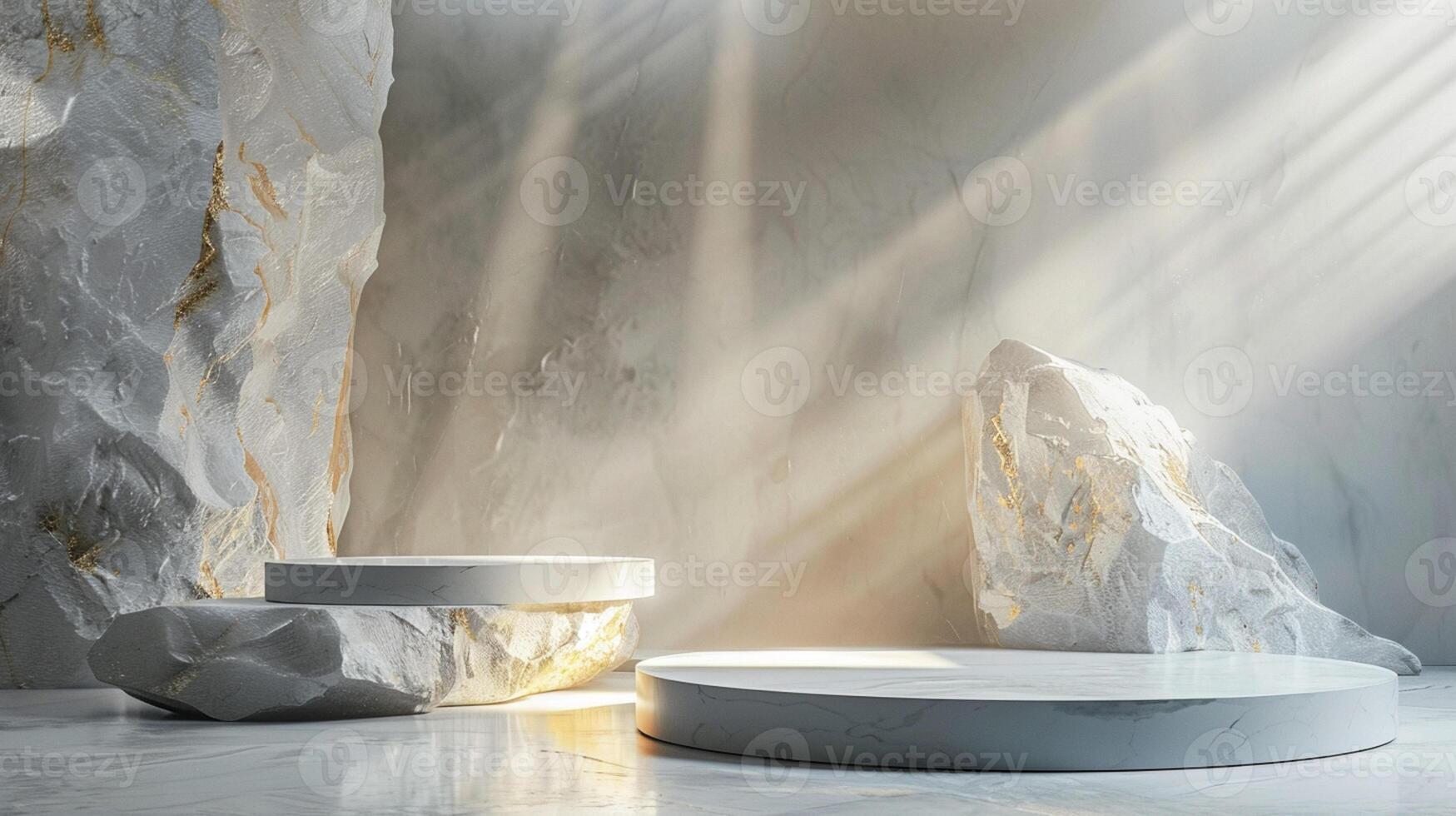 AI generated A white and gold of a nature marble platform surrounded by rocks. The background is geometric Stone and Rock shape, minimalist mockup for podium display showcase, studio room photo