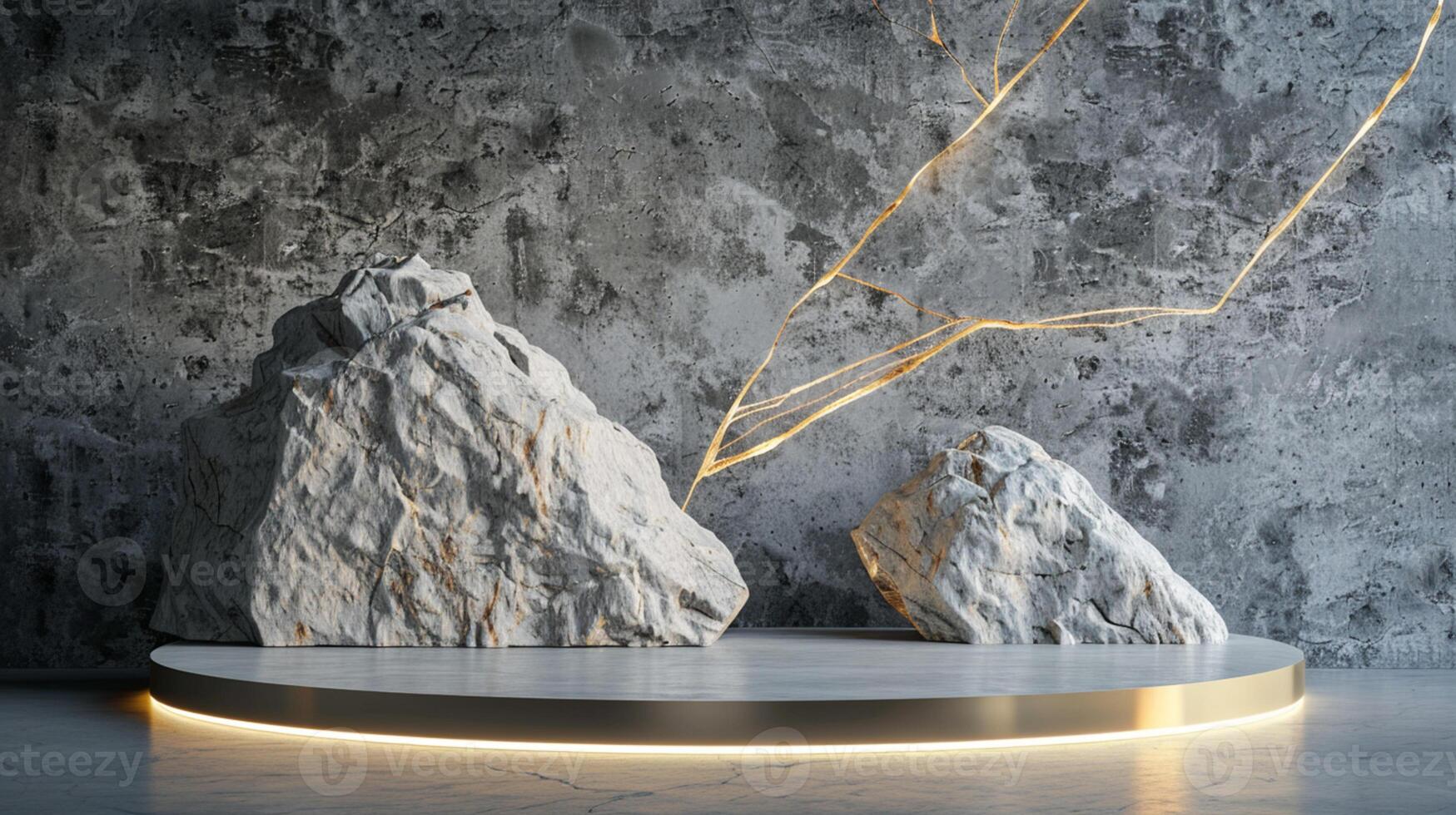 AI generated A white and gold of a nature marble platform surrounded by rocks. The background is geometric Stone and Rock shape, minimalist mockup for podium display showcase, studio room photo