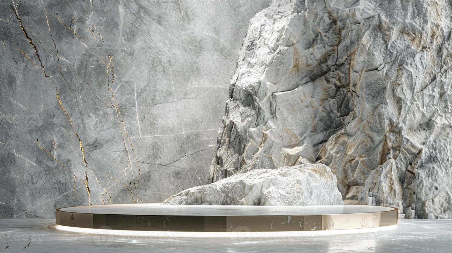 AI generated A white and gold of a nature marble platform surrounded by rocks. The background is geometric Stone and Rock shape, minimalist mockup for podium display showcase, studio room photo