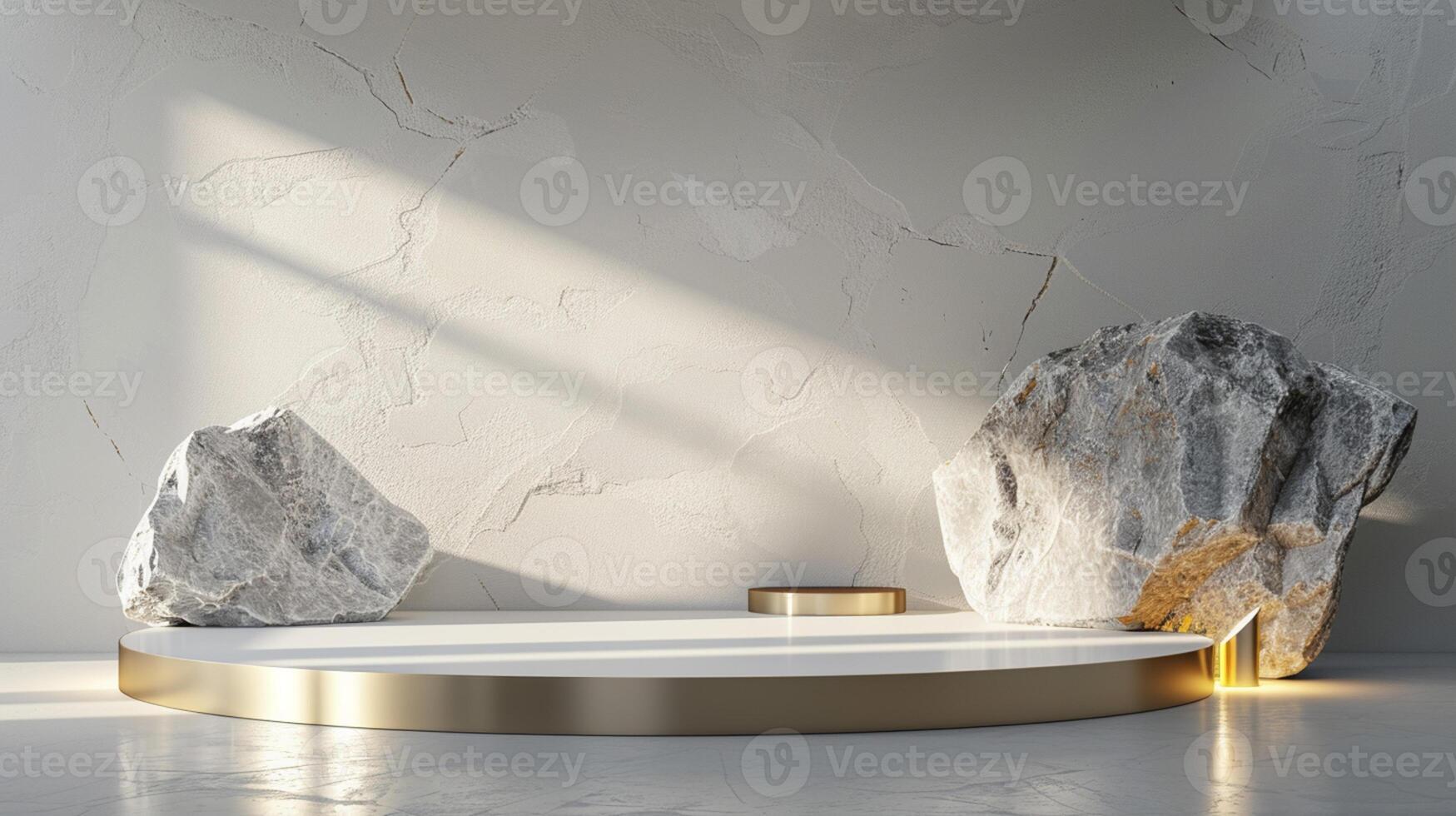 AI generated A white and gold of a nature marble platform surrounded by rocks. The background is geometric Stone and Rock shape, minimalist mockup for podium display showcase, studio room photo