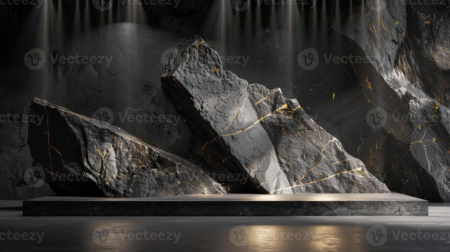 AI generated A black and gold of a nature marble platform surrounded by rocks. The background is geometric Stone and Rock shape, minimalist mockup for podium display showcase, studio room photo