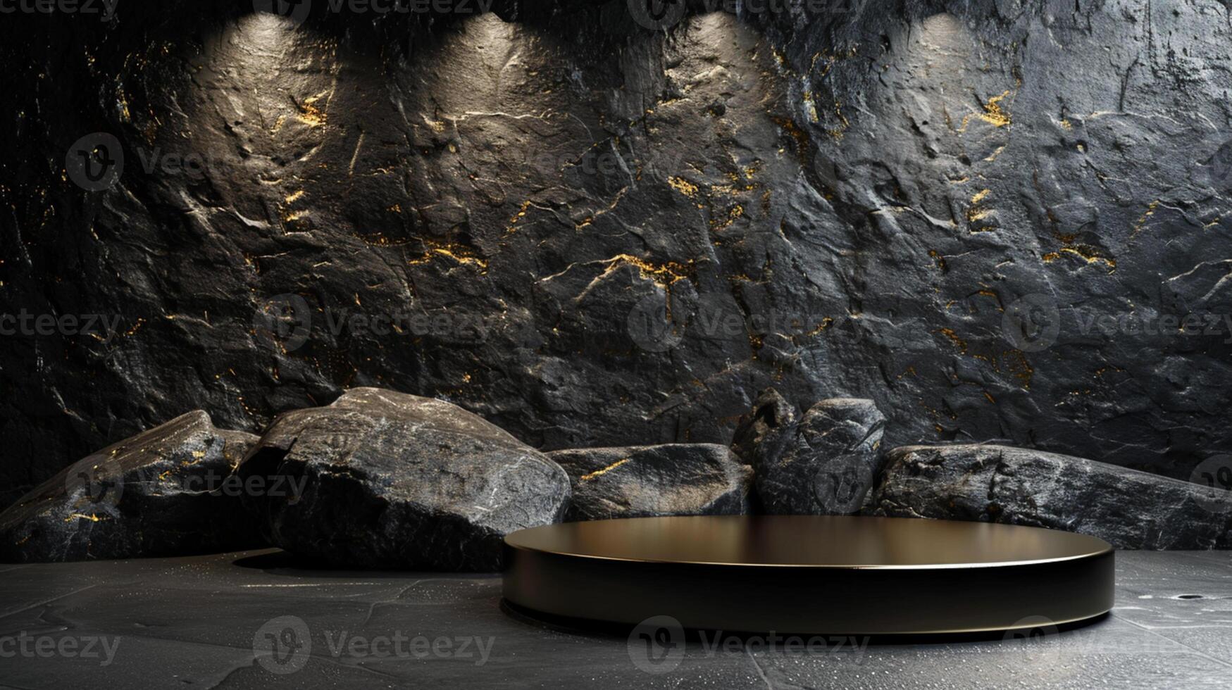 AI generated A black and gold of a nature marble platform surrounded by rocks. The background is geometric Stone and Rock shape, minimalist mockup for podium display showcase, studio room photo