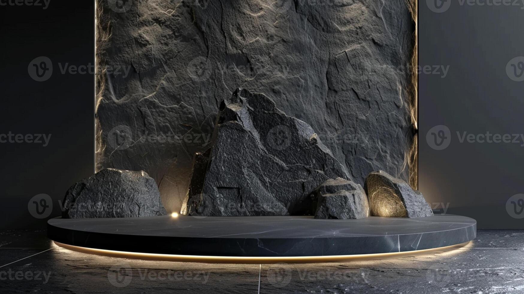 AI generated A black and gold of a nature marble platform surrounded by rocks. The background is geometric Stone and Rock shape, minimalist mockup for podium display showcase, studio room photo