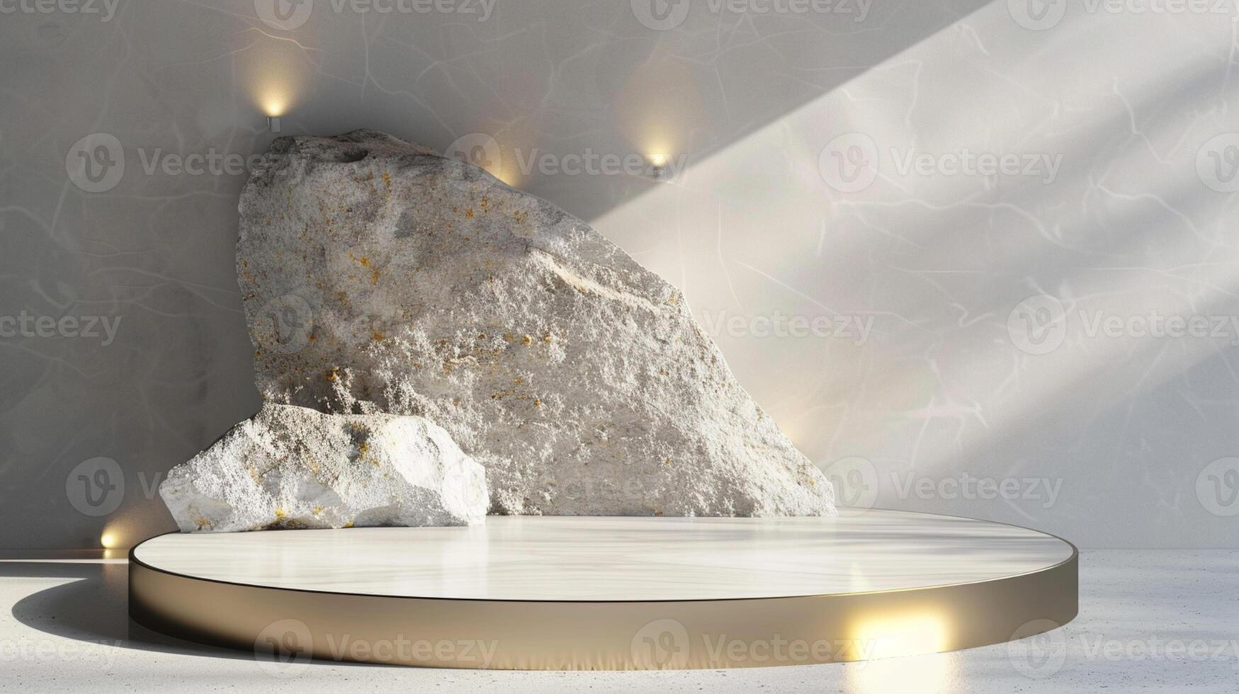 AI generated A white and gold of a nature marble platform surrounded by rocks. The background is geometric Stone and Rock shape, minimalist mockup for podium display showcase, studio room photo