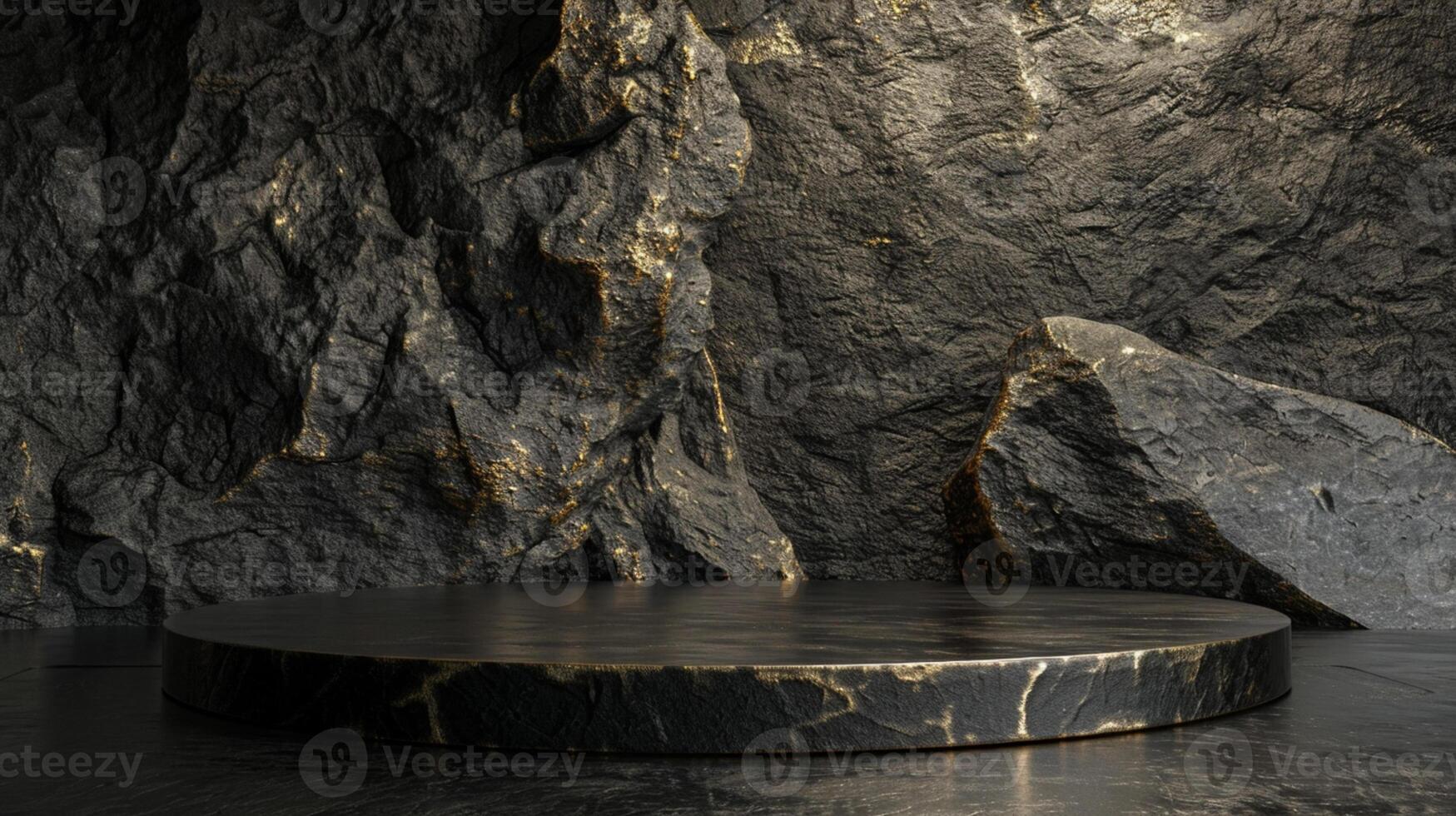 AI generated A black and gold of a nature marble platform surrounded by rocks. The background is geometric Stone and Rock shape, minimalist mockup for podium display showcase, studio room photo