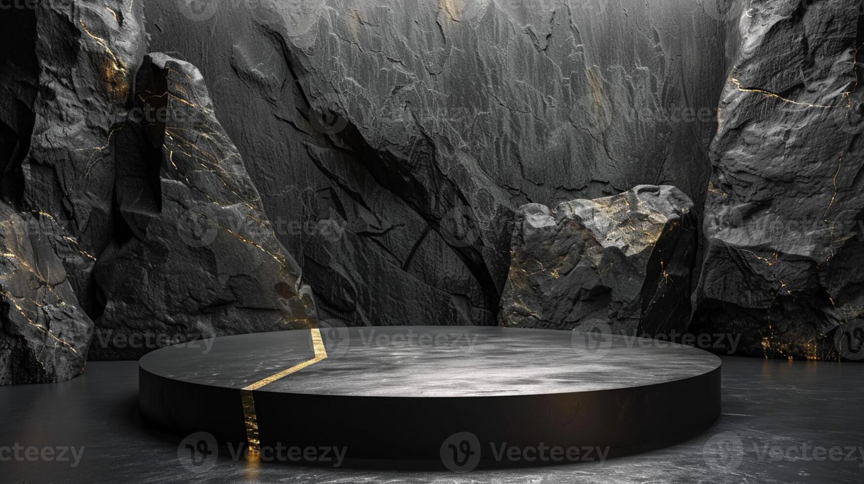 AI generated A black and gold of a nature marble platform surrounded by rocks. The background is geometric Stone and Rock shape, minimalist mockup for podium display showcase, studio room photo