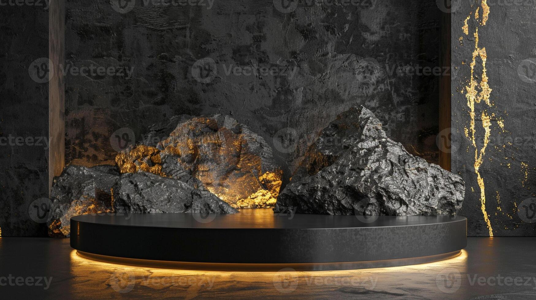 AI generated A black and gold of a nature marble platform surrounded by rocks. The background is geometric Stone and Rock shape, minimalist mockup for podium display showcase, studio room photo