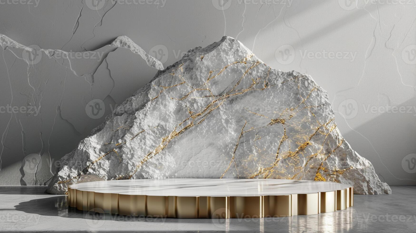 AI generated A white and gold of a nature marble platform surrounded by rocks. The background is geometric Stone and Rock shape, minimalist mockup for podium display showcase, studio room photo