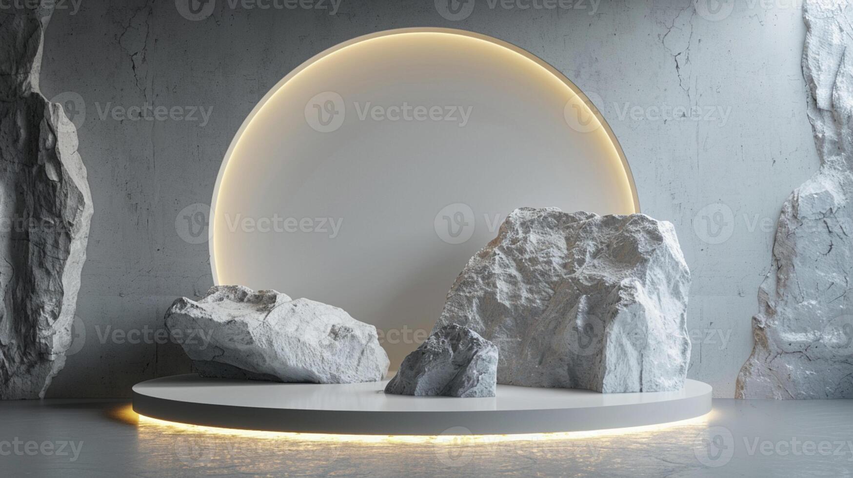 AI generated A white and gold of a nature marble platform surrounded by rocks. The background is geometric Stone and Rock shape, minimalist mockup for podium display showcase, studio room photo