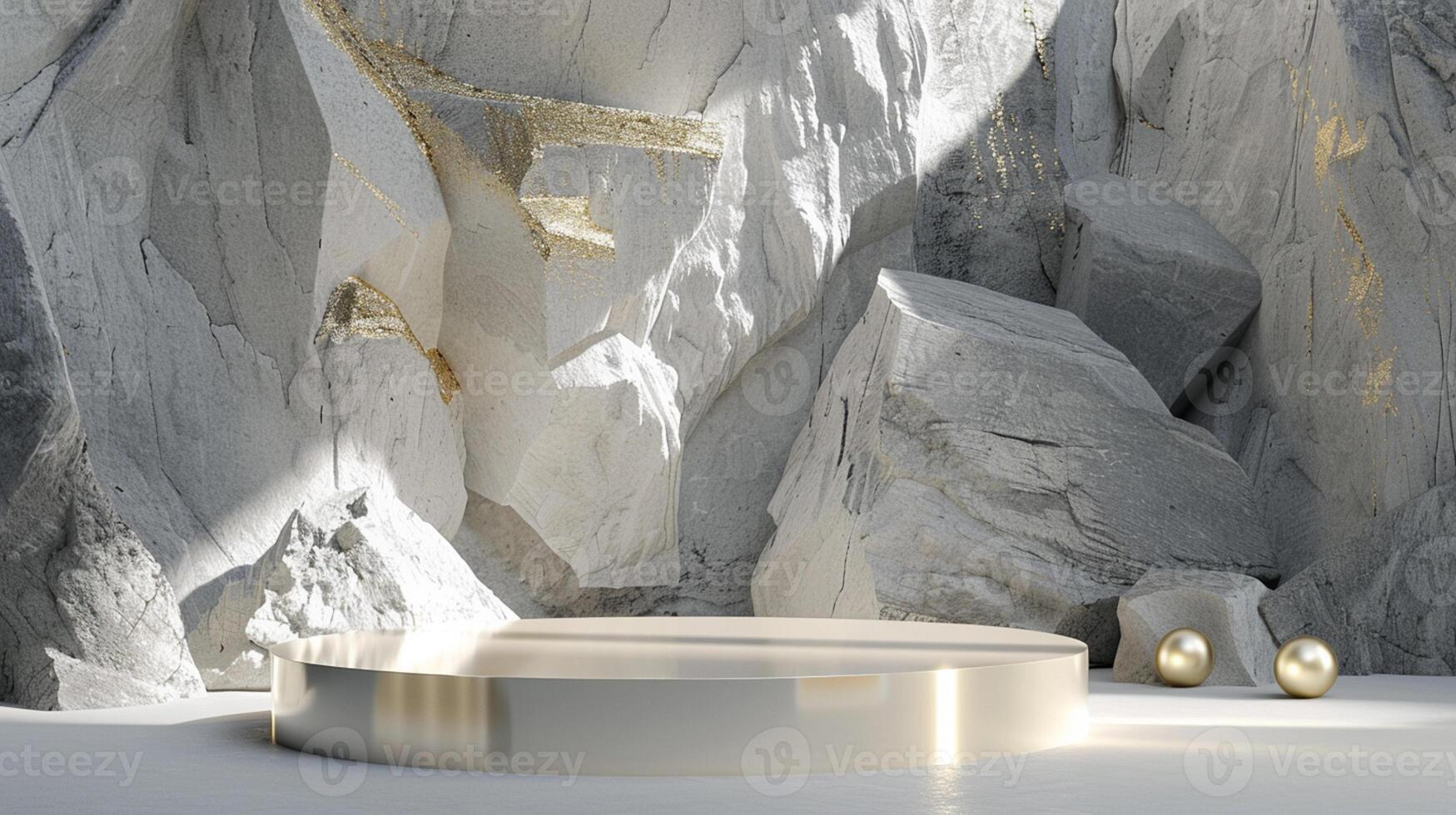 AI generated A white and gold of a nature marble platform surrounded by rocks. The background is geometric Stone and Rock shape, minimalist mockup for podium display showcase, studio room photo