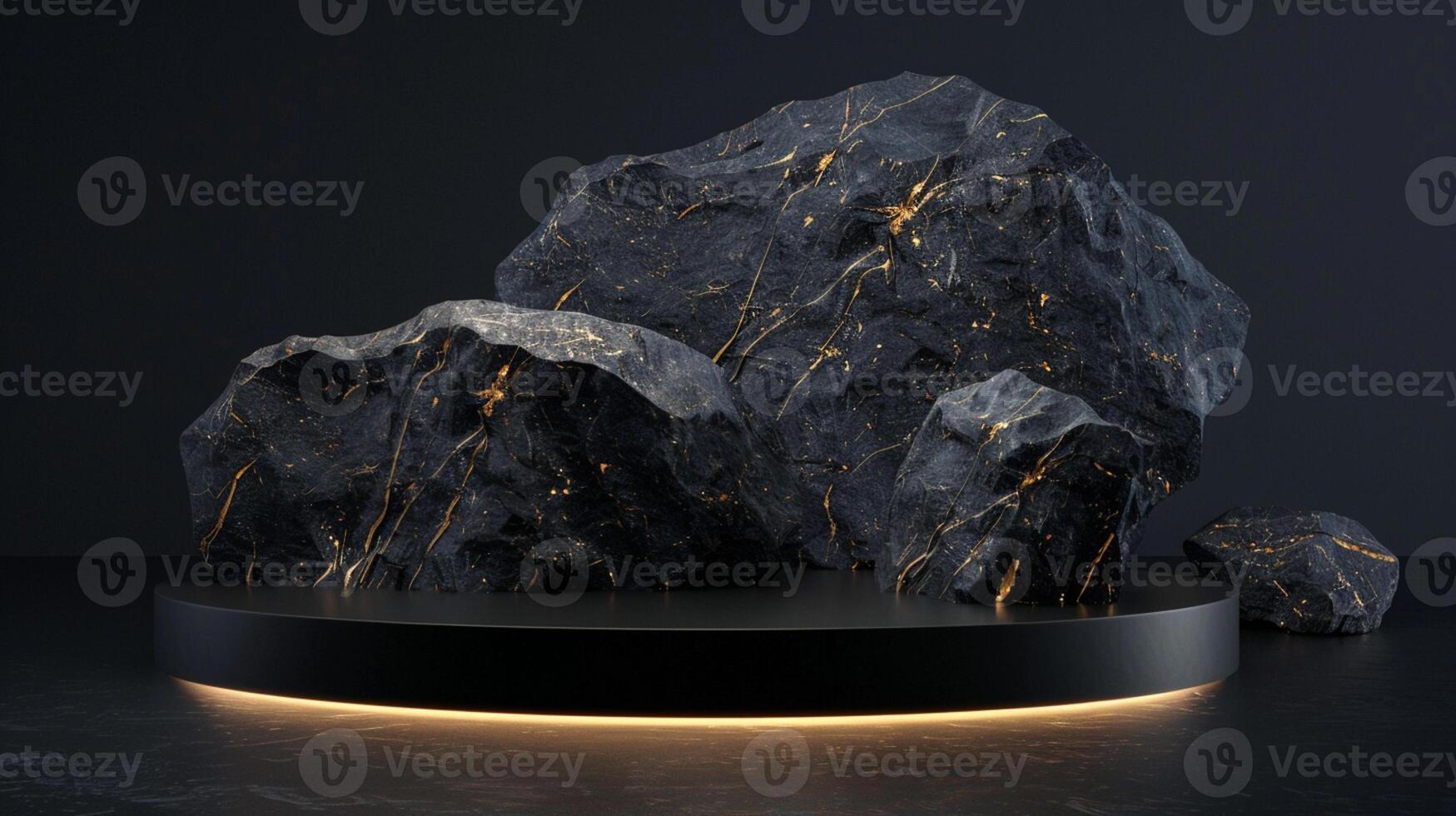 AI generated A black and gold of a nature marble platform surrounded by rocks. The background is geometric Stone and Rock shape, minimalist mockup for podium display showcase, studio room photo