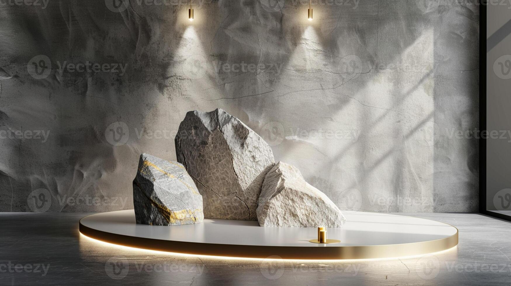 AI generated A white and gold of a nature marble platform surrounded by rocks. The background is geometric Stone and Rock shape, minimalist mockup for podium display showcase, studio room photo