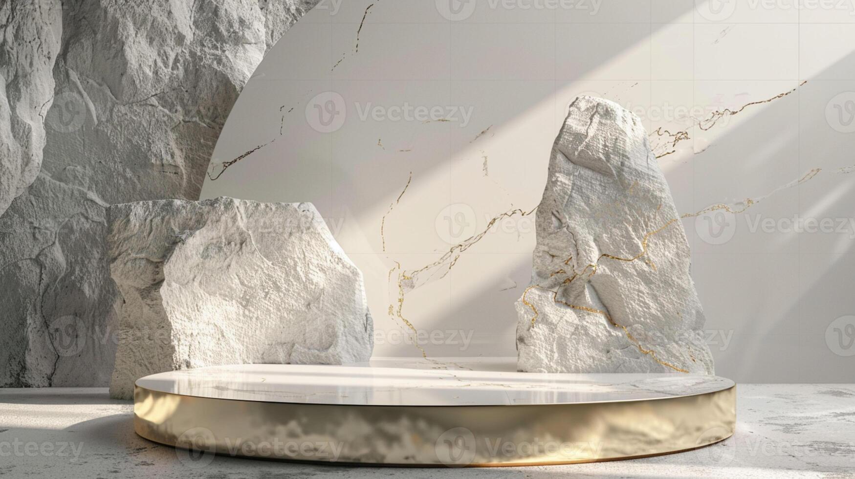 ai generado un blanco y oro de un naturaleza mármol plataforma rodeado por rocas el antecedentes es geométrico Roca y rock forma, minimalista Bosquejo para podio monitor escaparate, estudio habitación foto