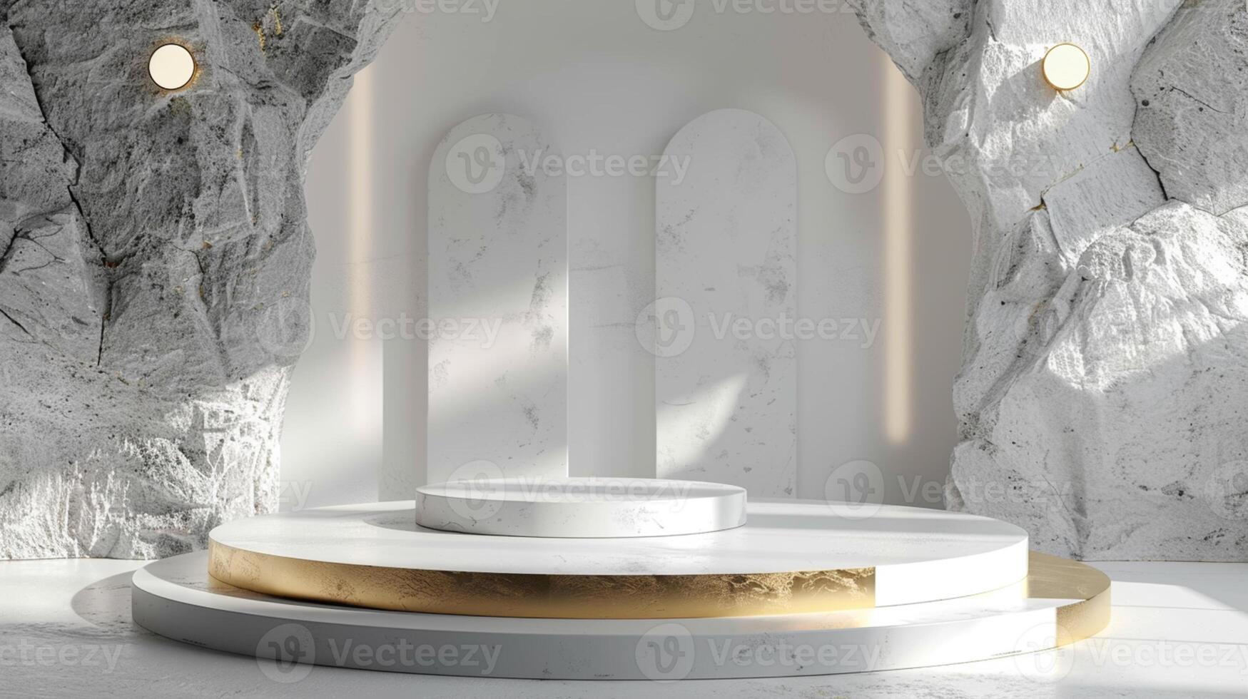 AI generated A white and gold of a nature marble platform surrounded by rocks. The background is geometric Stone and Rock shape, minimalist mockup for podium display showcase, studio room photo