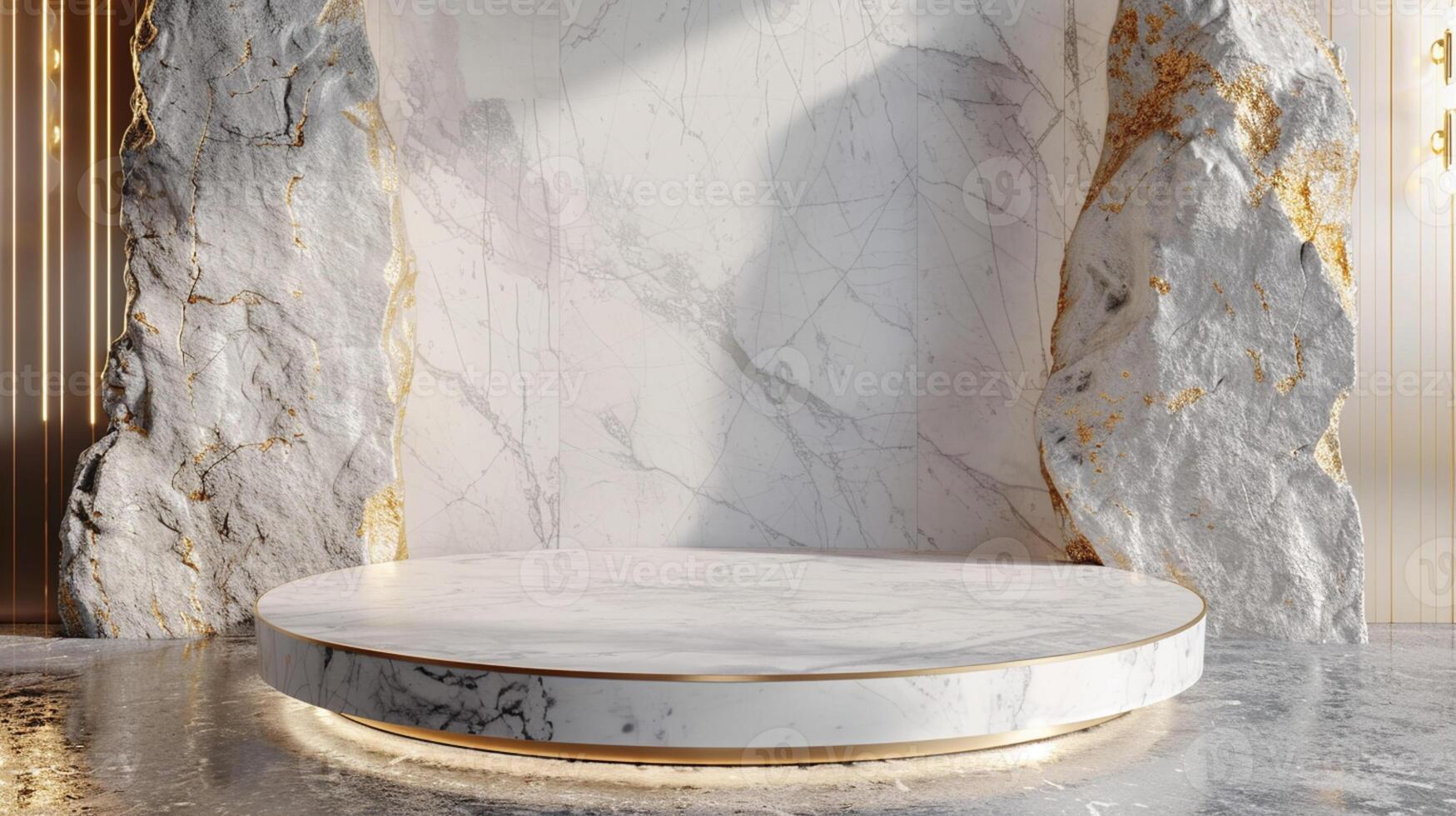 AI generated A white and gold of a nature marble platform surrounded by rocks. The background is geometric Stone and Rock shape, minimalist mockup for podium display showcase, studio room photo