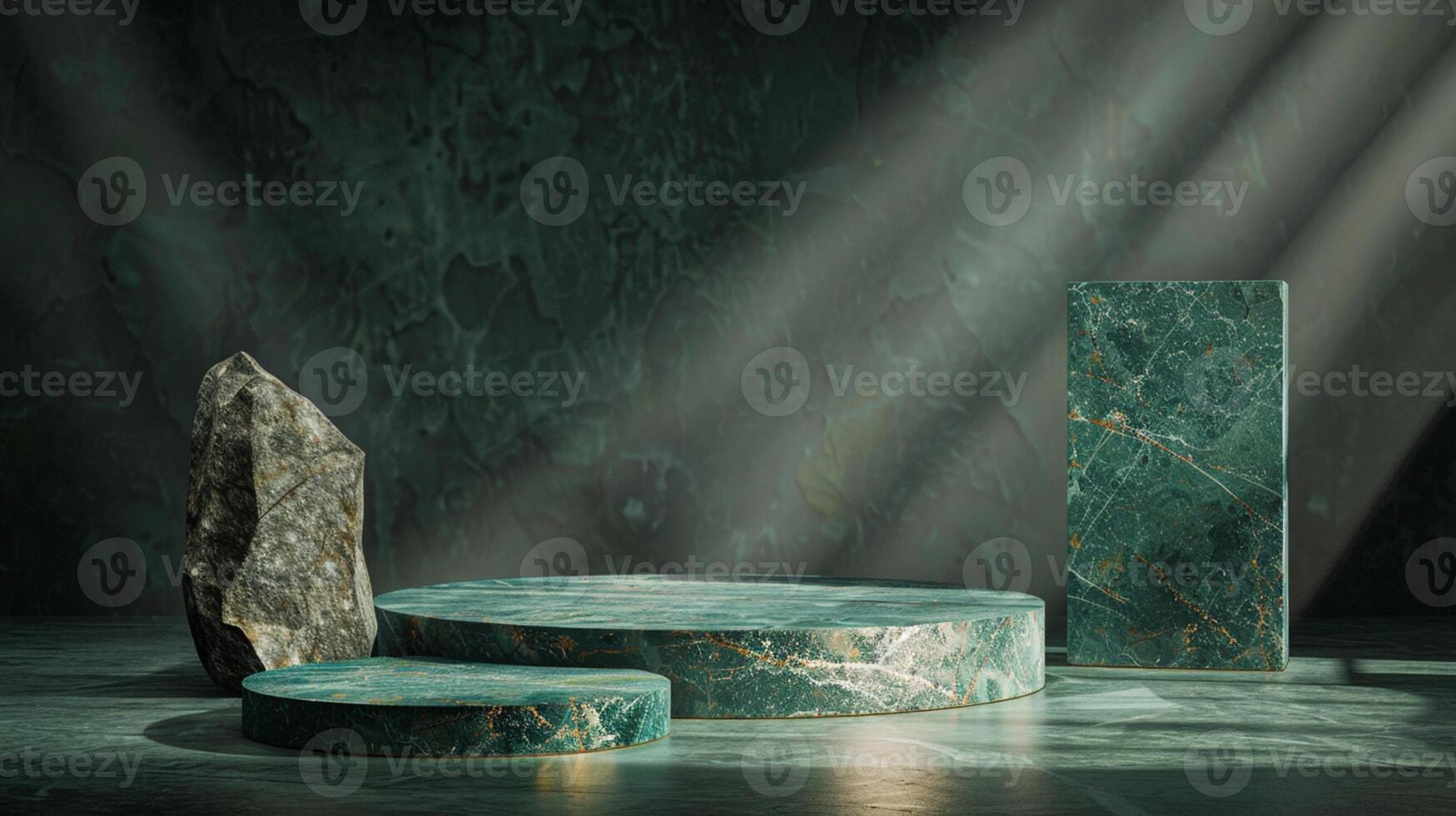 AI generated A green and gold of a nature marble platform surrounded by rocks. The background is geometric Stone and Rock shape, minimalist mockup for podium display showcase, studio room photo