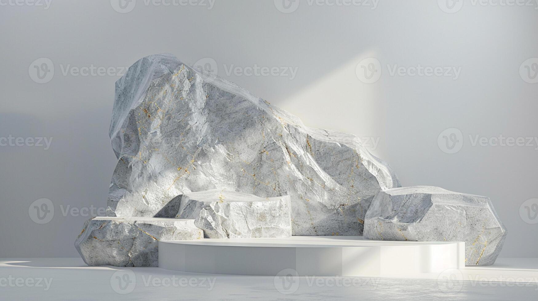 ai generado un blanco y oro de un naturaleza mármol plataforma rodeado por rocas el antecedentes es geométrico Roca y rock forma, minimalista Bosquejo para podio monitor escaparate, estudio habitación foto