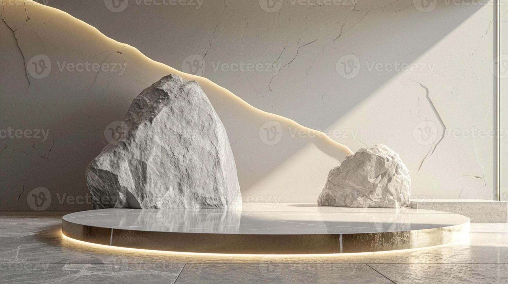 AI generated A white and gold of a nature marble platform surrounded by rocks. The background is geometric Stone and Rock shape, minimalist mockup for podium display showcase, studio room photo