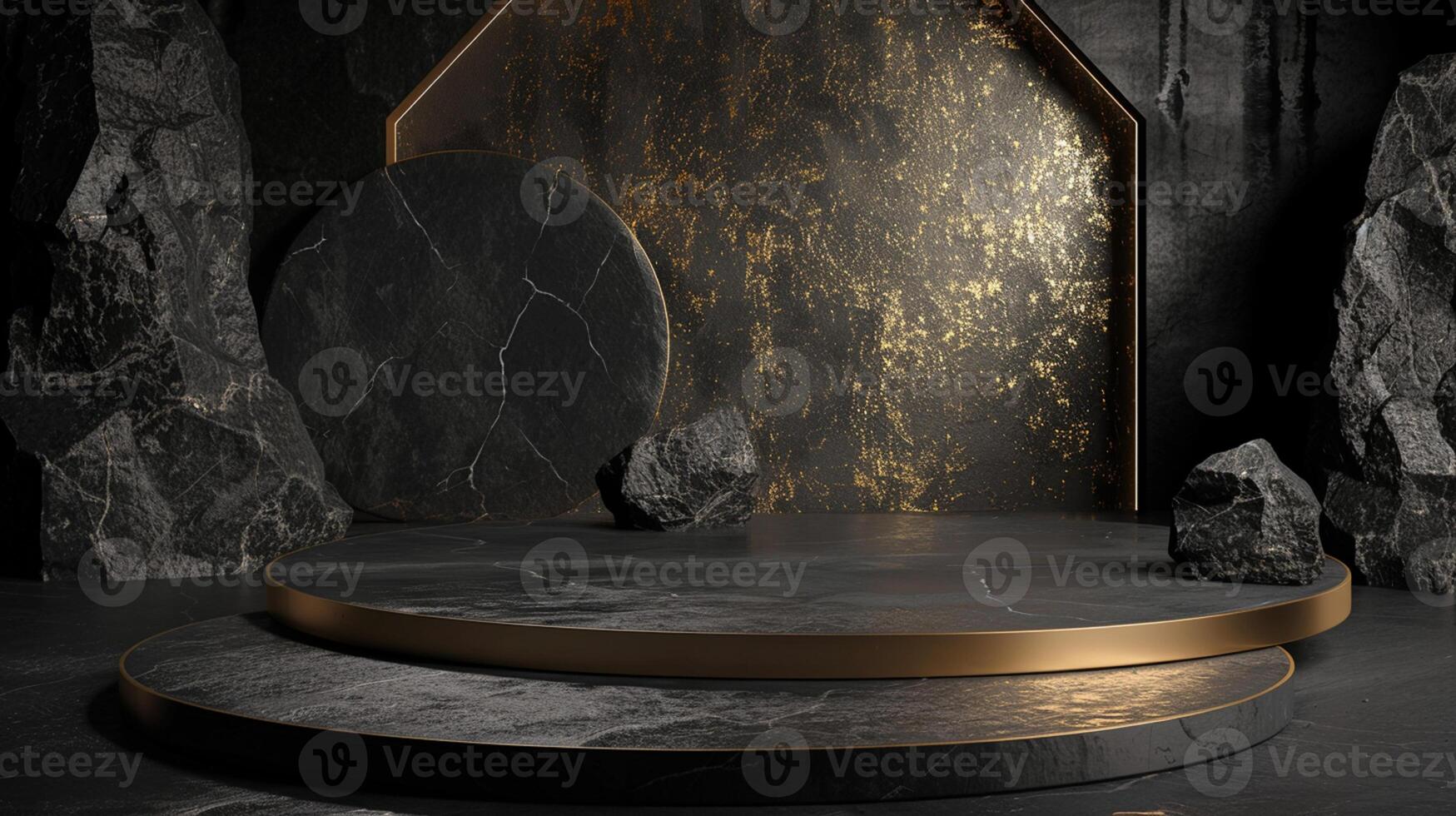 AI generated A black and gold of a nature marble platform surrounded by rocks. The background is geometric Stone and Rock shape, minimalist mockup for podium display showcase, studio room photo