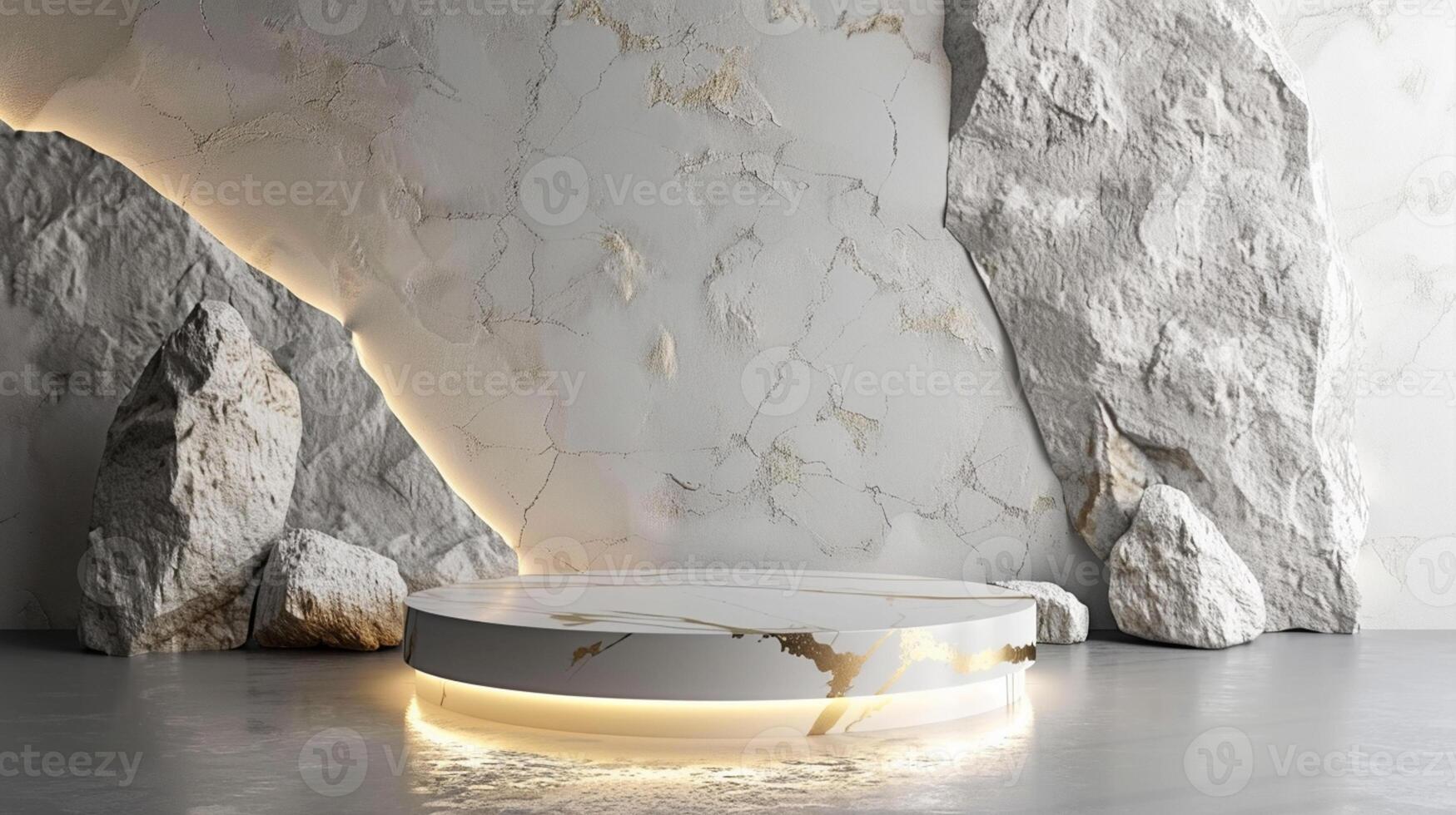 AI generated A white and gold of a nature marble platform surrounded by rocks. The background is geometric Stone and Rock shape, minimalist mockup for podium display showcase, studio room photo