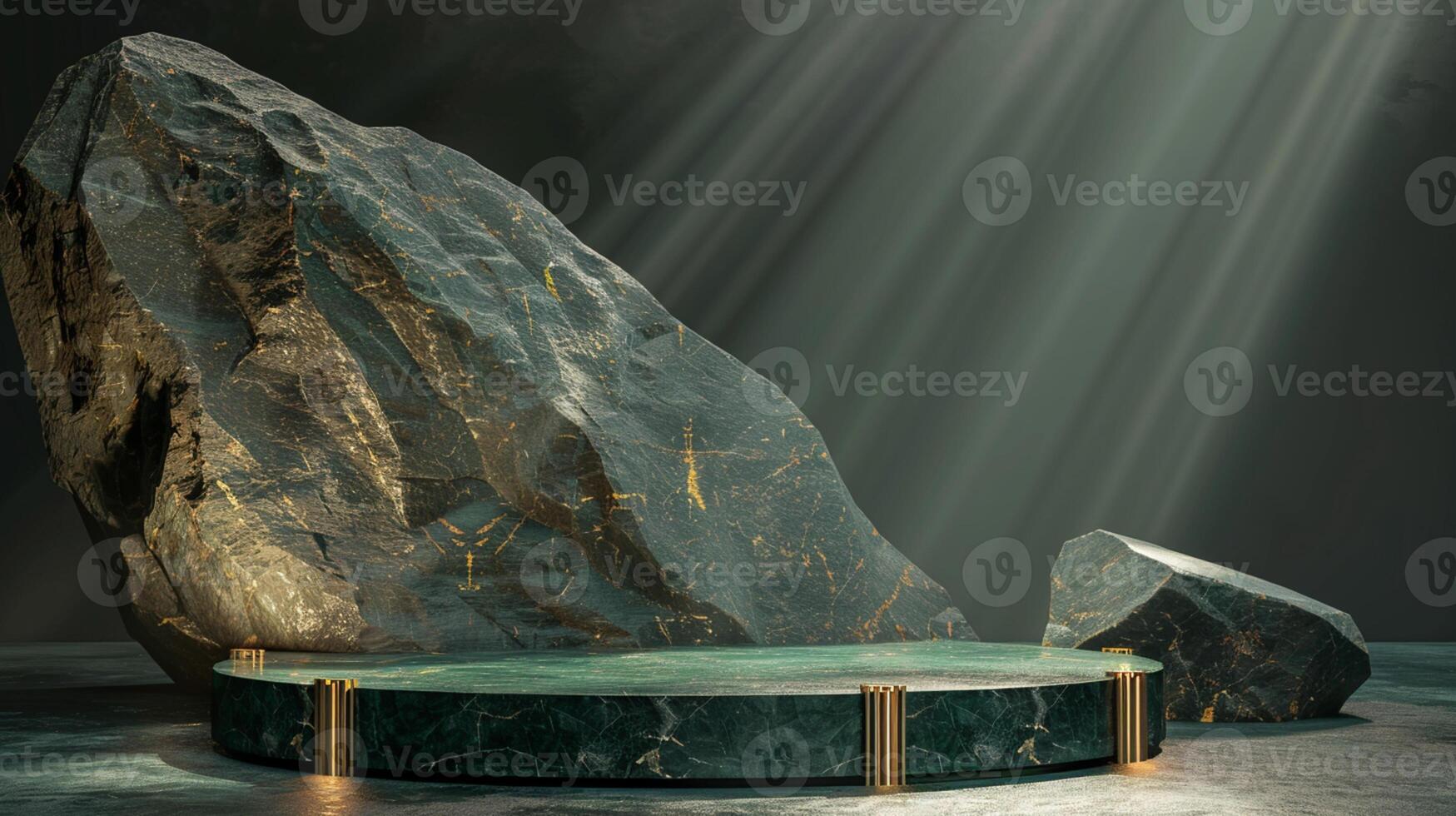 AI generated A green and gold of a nature marble platform surrounded by rocks. The background is geometric Stone and Rock shape, minimalist mockup for podium display showcase, studio room photo
