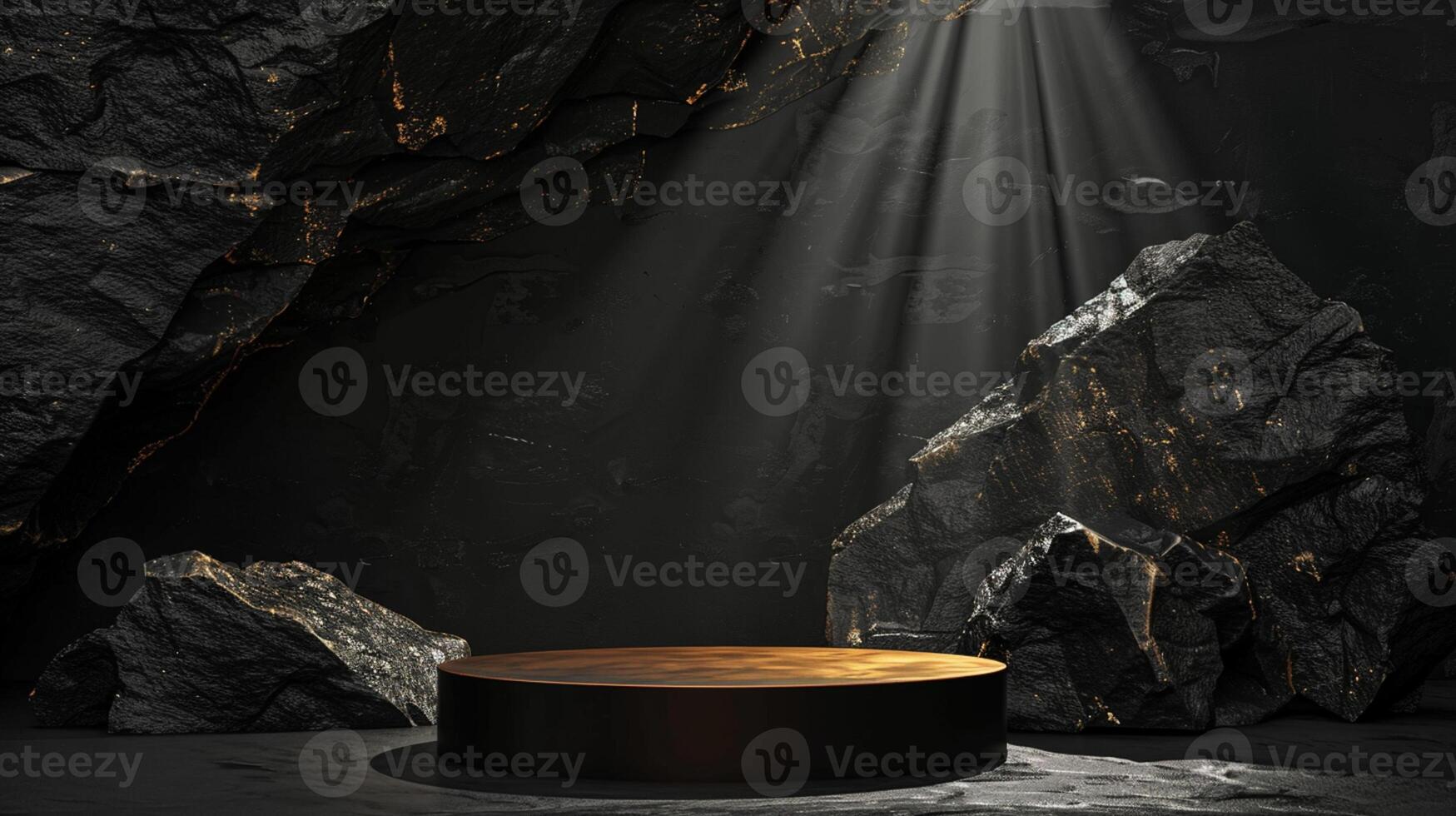 AI generated A black and gold of a nature marble platform surrounded by rocks. The background is geometric Stone and Rock shape, minimalist mockup for podium display showcase, studio room photo