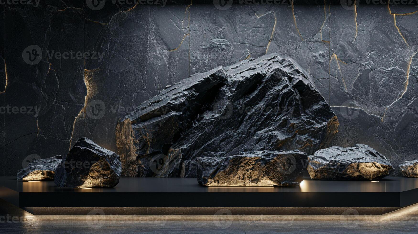 AI generated A black and gold of a nature marble platform surrounded by rocks. The background is geometric Stone and Rock shape, minimalist mockup for podium display showcase, studio room photo