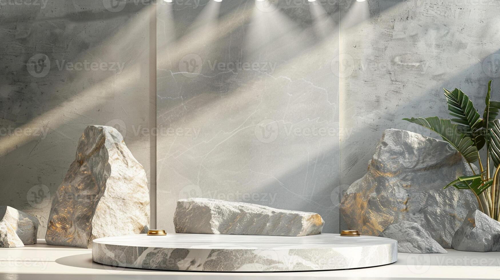 AI generated A white and gold of a nature marble platform surrounded by rocks. The background is geometric Stone and Rock shape, minimalist mockup for podium display showcase, studio room photo