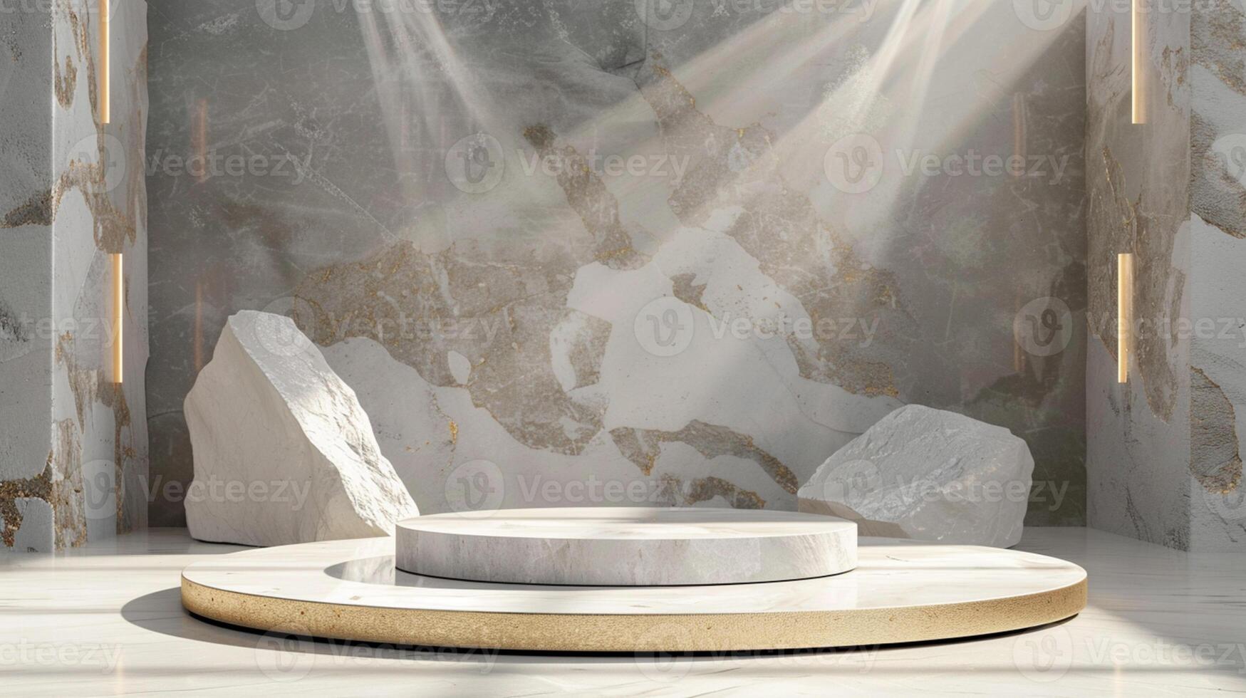 AI generated A white and gold of a nature marble platform surrounded by rocks. The background is geometric Stone and Rock shape, minimalist mockup for podium display showcase, studio room photo