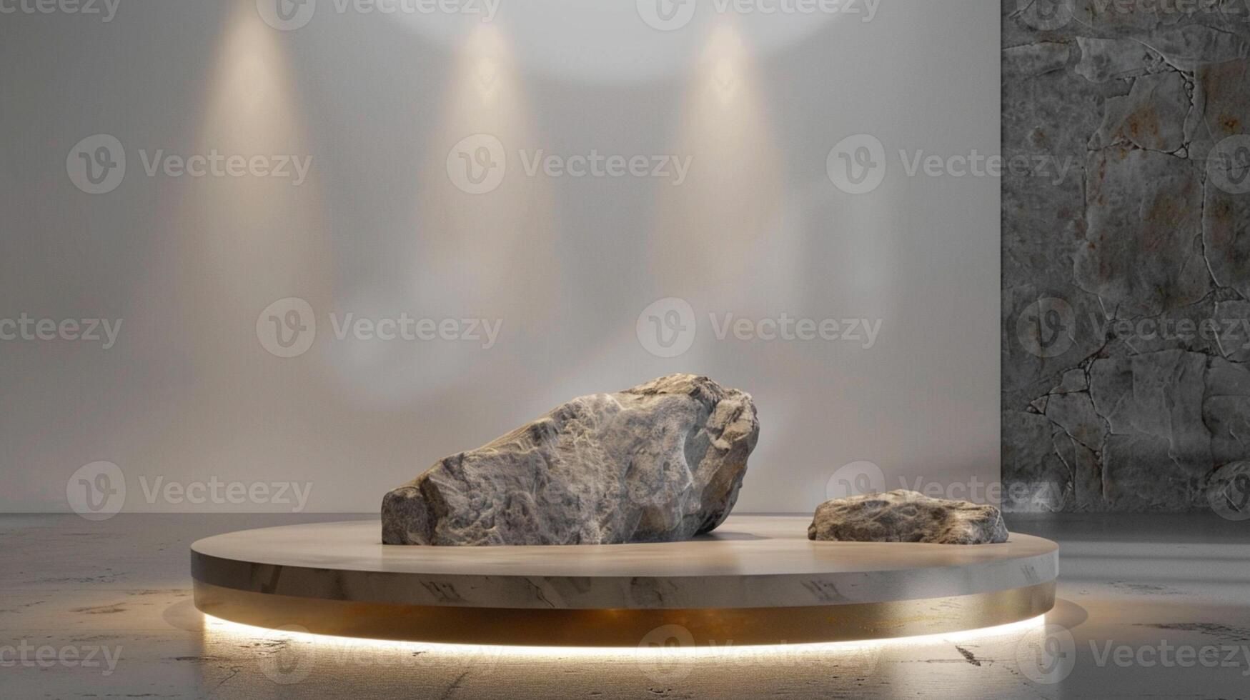 AI generated A white and gold of a nature marble platform surrounded by rocks. The background is geometric Stone and Rock shape, minimalist mockup for podium display showcase, studio room photo