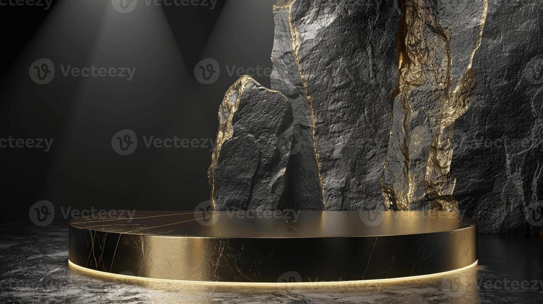 AI generated A black and gold of a nature marble platform surrounded by rocks. The background is geometric Stone and Rock shape, minimalist mockup for podium display showcase, studio room photo