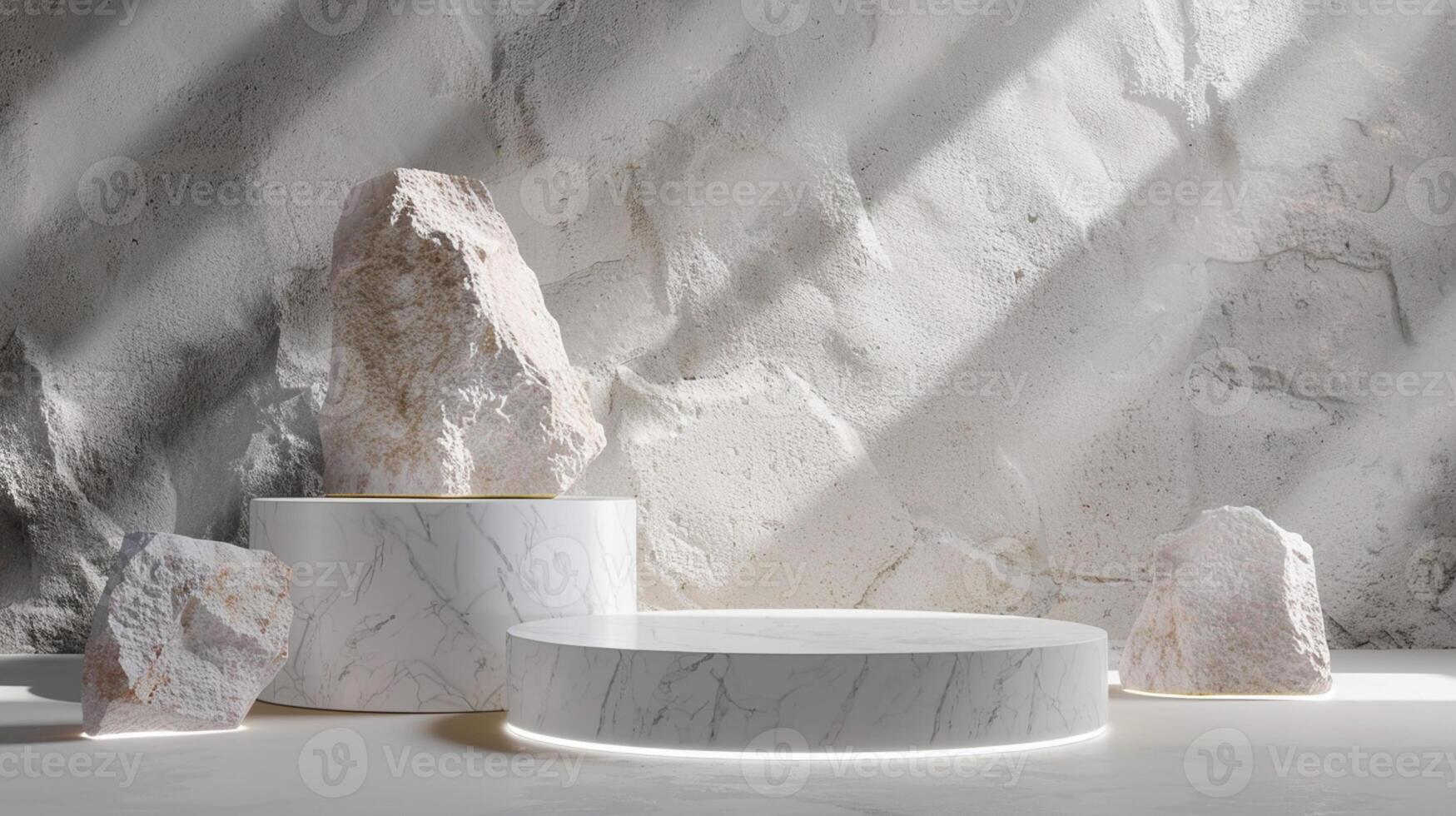 AI generated A white and gold of a nature marble platform surrounded by rocks. The background is geometric Stone and Rock shape, minimalist mockup for podium display showcase, studio room photo