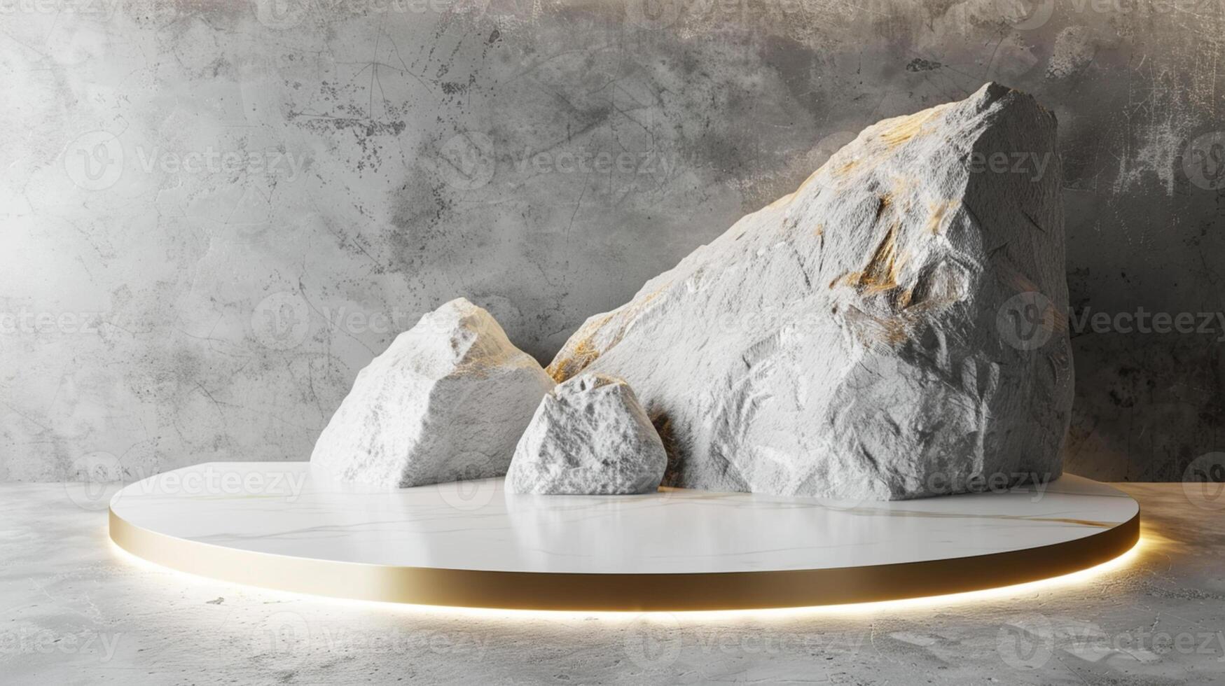 AI generated A white and gold of a nature marble platform surrounded by rocks. The background is geometric Stone and Rock shape, minimalist mockup for podium display showcase, studio room photo