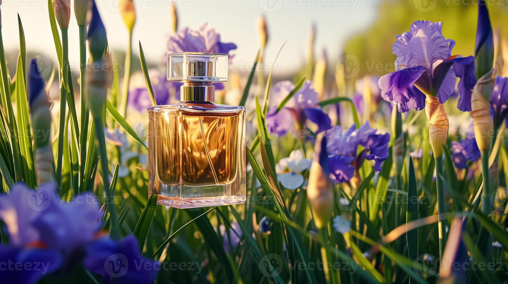 AI generated Perfume bottle in flowers, fragrance on blooming background, floral scent and cosmetic product photo